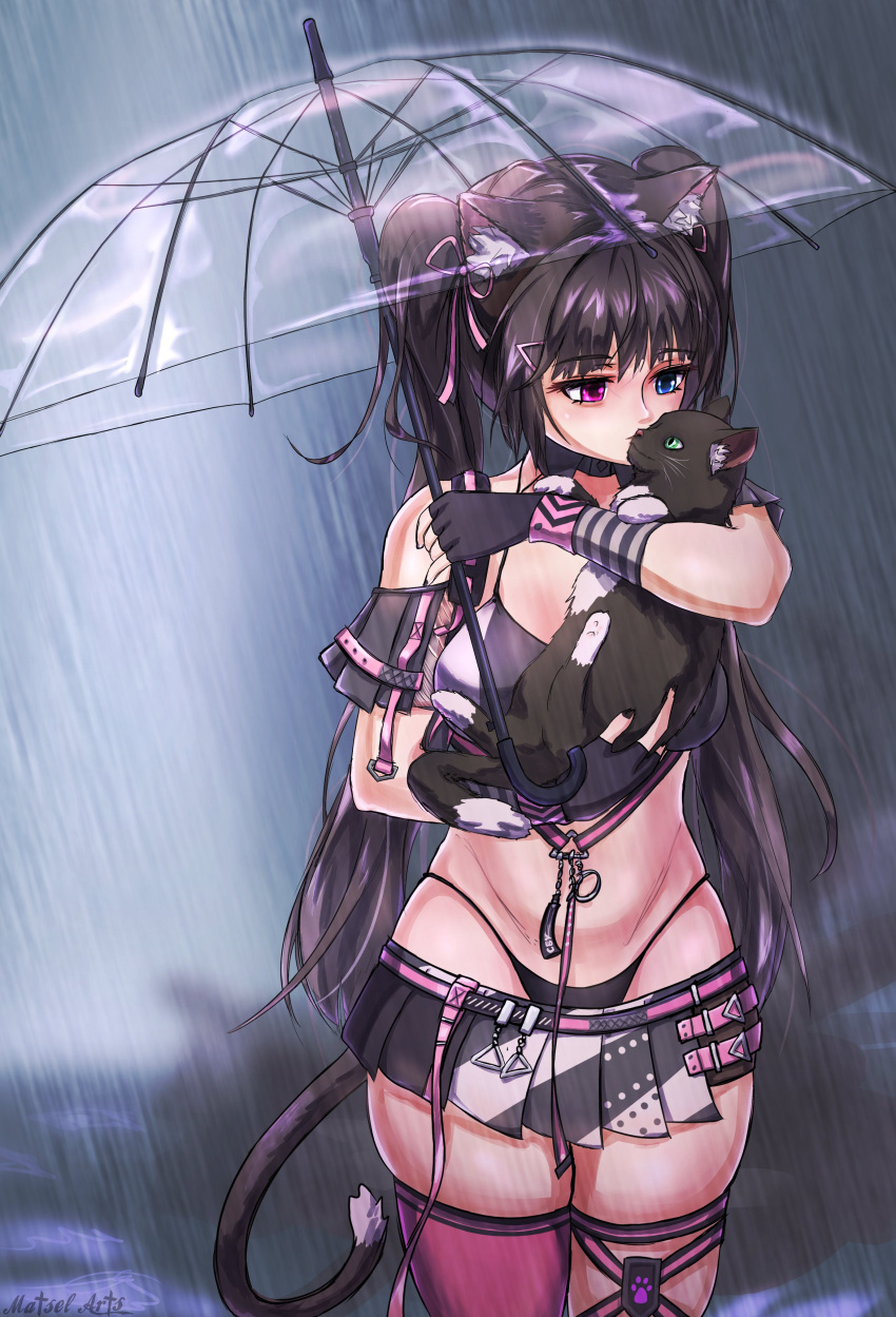 1girl absurdres animal animal_ears bikini black_bikini black_gloves black_nails blue_eyes blurry brown_hair cat cat_ears cat_girl cat_tail depth_of_field fingerless_gloves gloves goddess_of_victory:_nikke hair_ribbon heterochromia highres holding holding_animal holding_cat holding_umbrella matsel_arts microskirt nail_polish nero_(nikke) pink_eyes pink_thighhighs rain ribbon ruru_(nikke) single_thighhigh skindentation skirt string_bikini swimsuit tail thighhighs twintails umbrella