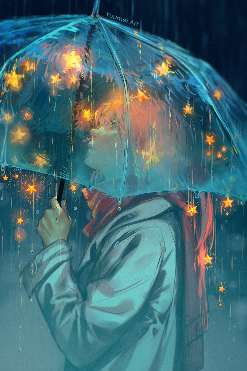 1girl artist_name blue_eyes coat from_side highres holding holding_umbrella long_hair looking_up orange_hair original rain red_scarf scarf star_(sky) transparent transparent_umbrella umbrella water water_drop white_coat yuumei