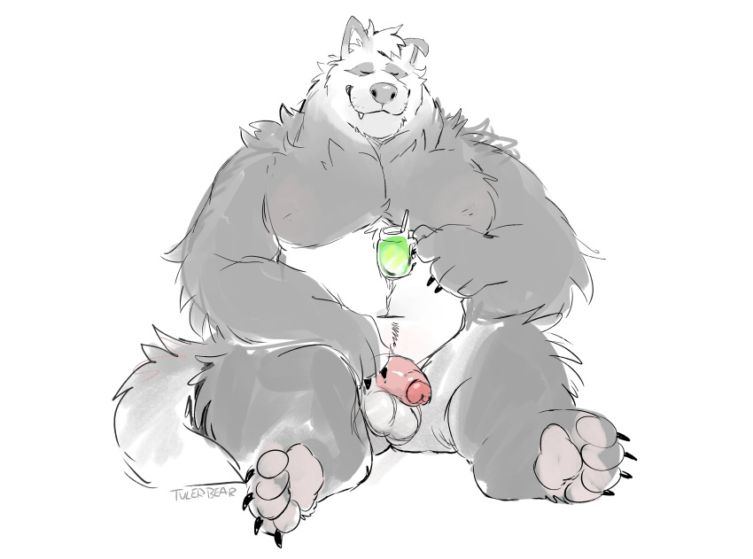 absurd_res anthro balls bear beverage black_and_white_fur casual_nudity digital_media_(artwork) fangs fluffy genitals giant_panda hi_res holding_beverage holding_object humanoid_genitalia humanoid_penis male mammal musclegut one_eye_closed pawpads paws pecs penis simple_background sitting solo super-tuler tail tairu teeth white_background