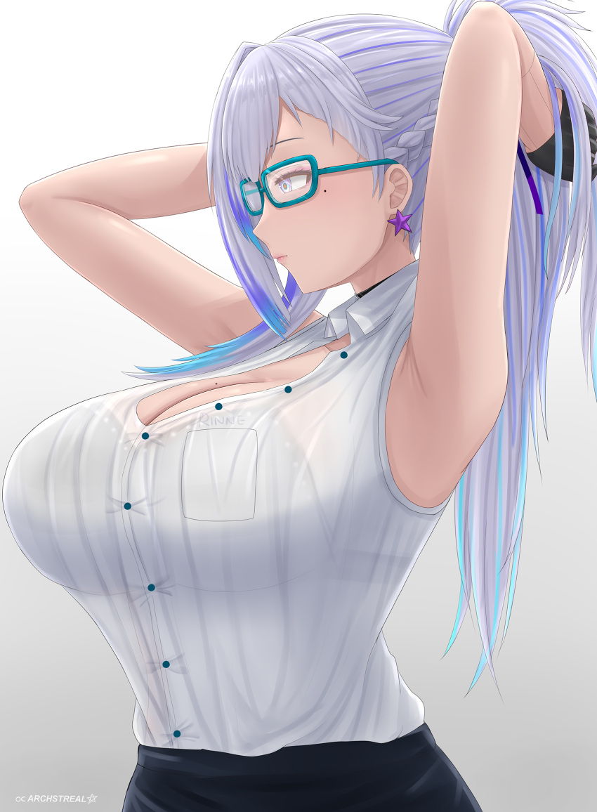 1girl archstreal armpits arms_up bare_shoulders black_choker black_gloves black_skirt blue_eyes blue_hair breasts choker cleavage closed_mouth earrings glasses gloves grey_hair highres jewelry large_breasts long_hair mole mole_on_breast mole_under_eye multicolored_hair office_lady original ponytail shirt skirt sleeveless solo star_(symbol) star_earrings streaked_hair white_shirt