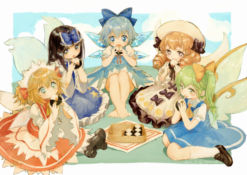 5girls ascot bare_legs barefoot black_bow blue_background blue_bow blue_dress blue_eyes blue_hair bow canariadraw cirno cloud commentary_request commission crossed_ankles daiyousei dress drill_hair eating fairy_wings food frilled_bow frills full_body green_hair hair_bow hands_up hat hat_bow highres holding holding_food ice ice_wings kneehighs knees_up light_blush luna_child maid_headdress multiple_girls one_side_up open_mouth petticoat red_dress short_hair simple_background sitting skeb_commission sleeves_past_elbows socks star_(symbol) star_print star_sapphire sunny_milk toes touhou wariza white_background white_dress white_socks wings yellow_ascot yellow_bow