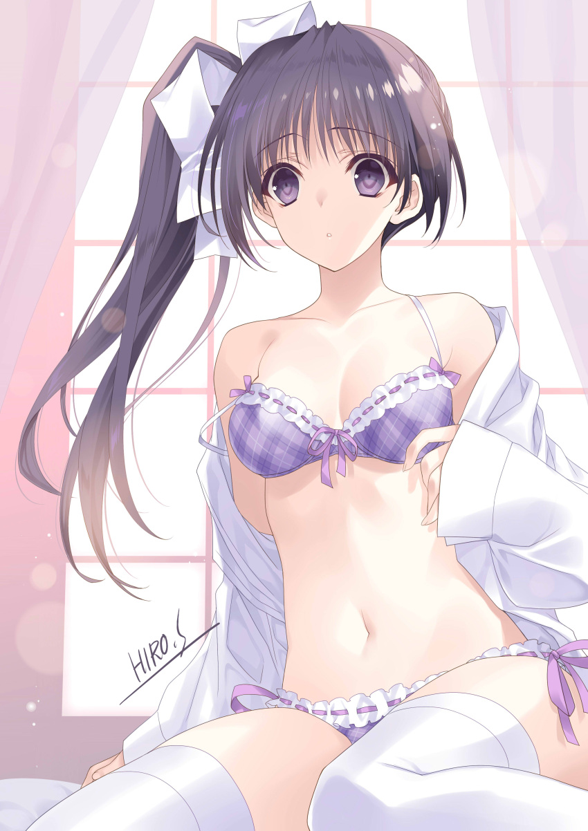 1girl absurdres black_eyes bow bra breasts cleavage collarbone frilled_panties frills grey_hair hair_bow highres itou_noemi lens_flare long_hair long_sleeves navel panties parted_lips plaid plaid_bra plaid_panties purple_bra purple_panties side-tie_panties side_ponytail signature sitting sleeves_past_wrists small_breasts solo strap_slip suzuhira_hiro thighhighs underwear white_bow white_thighhighs with_you