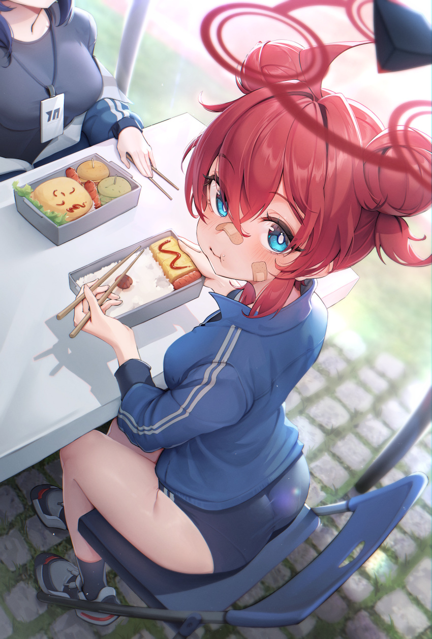 2girls :t absurdres arona's_sensei_doodle_(blue_archive) ass bandaid bandaid_on_cheek bandaid_on_face bandaid_on_nose bento black_footwear black_socks blue_archive blue_buruma blue_eyes blue_jacket blush breasts bright_pupils burger buruma chopsticks double_bun eating food food_art food_on_face from_above hair_between_eyes hair_bun halo head_out_of_frame highres holding holding_chopsticks id_card jacket lanyard large_breasts lettuce long_hair looking_at_viewer maki_(blue_archive) multiple_girls off_shoulder official_alternate_costume omelet on_chair open_clothes open_jacket red_hair red_halo rice sausage sensei_(blue_archive) shoes sitting sneakers socks solo_focus stone_floor table tamagoyaki track_jacket v_burger103 white_pupils yuuka_(blue_archive) yuuka_(track)_(blue_archive)