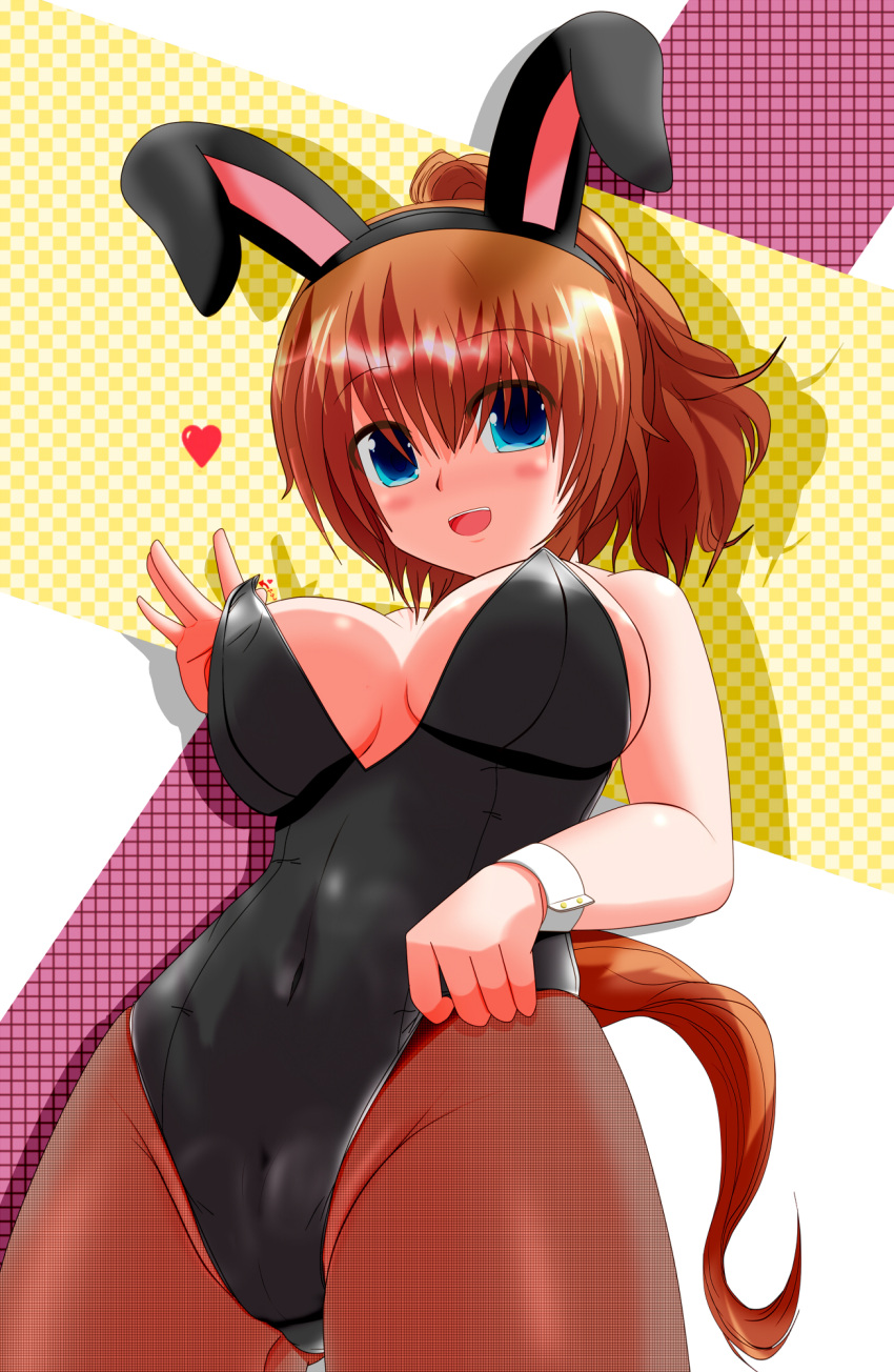 1girl animal_ears ass_visible_through_thighs bare_shoulders black_leotard black_pantyhose blue_eyes breasts brown_hair cleavage commentary_request covered_navel ear_covers fake_animal_ears highleg highres horse_ears horse_girl horse_tail large_breasts leotard medium_hair multicolored_background pantyhose ponytail smile solo strapless strapless_leotard taiki_shuttle_(umamusume) tail tkka umamusume underboob wrist_cuffs