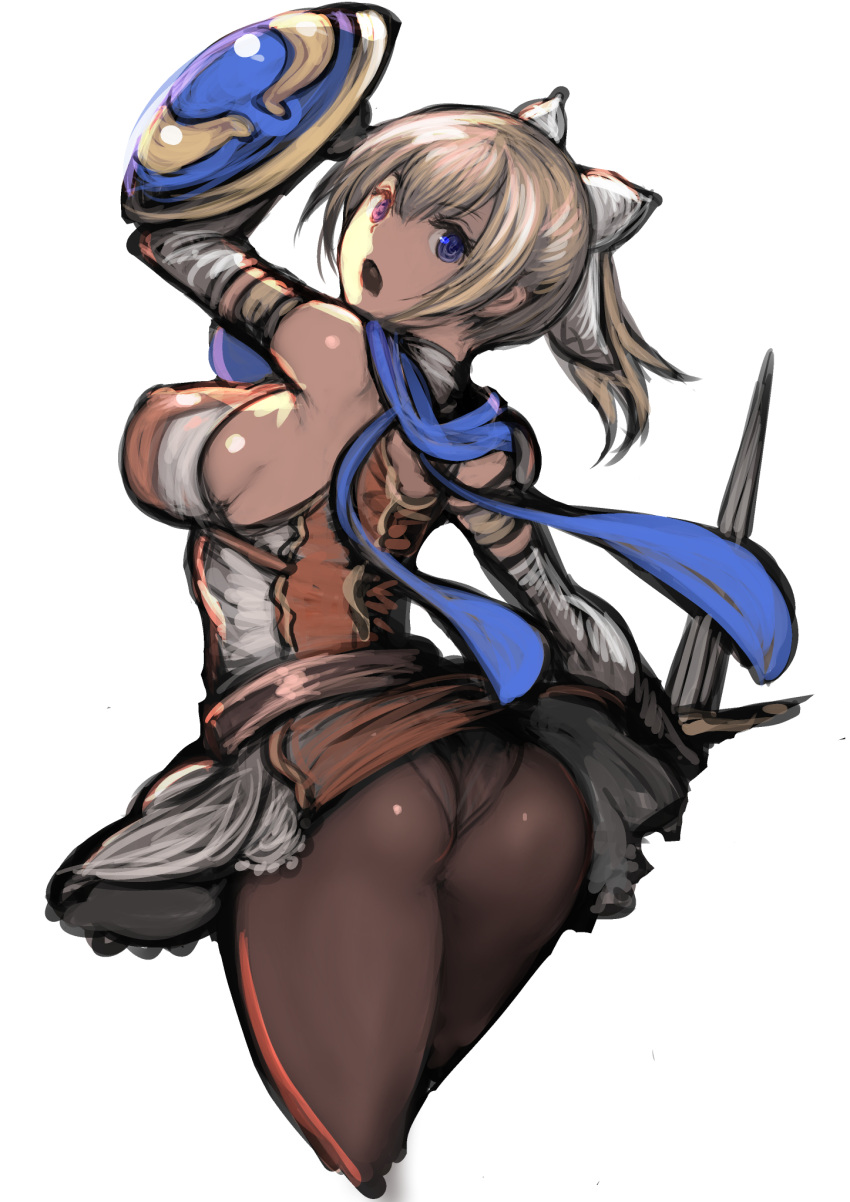 1girl ass bare_shoulders black_pantyhose blonde_hair blue_eyes bow breasts cassandra_alexandra hair_bow highres johan_(johan13) looking_back medium_breasts open_mouth panties panties_under_pantyhose pantyhose scarf shield simple_background skirt solo soulcalibur sword thighs underwear weapon