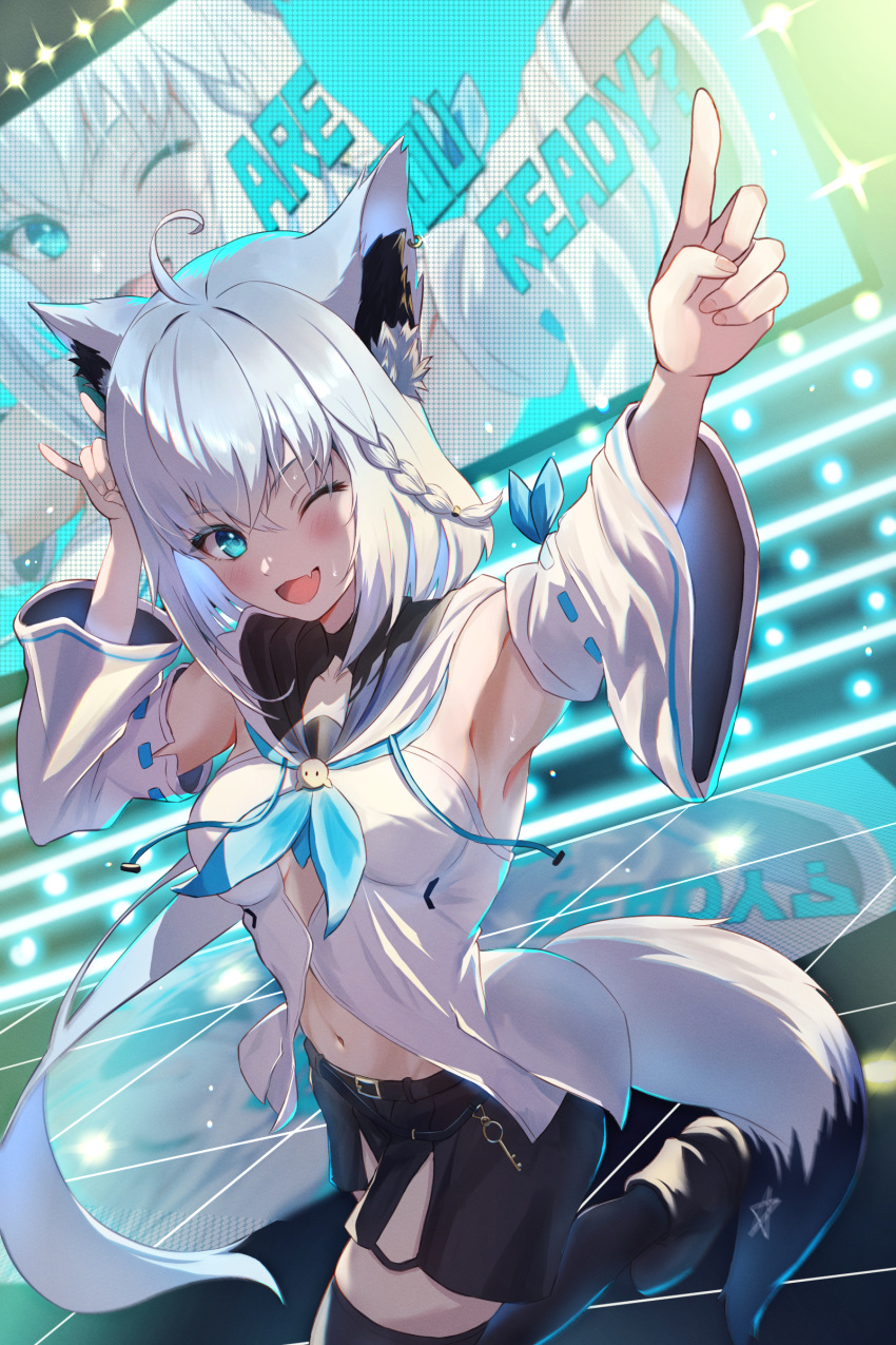 1girl absurdres animal_ears arm_up black_shorts black_thighhighs blue_eyes blush braid breasts fang fox_ears fox_girl fox_tail highres hololive hood hoodie ky00 long_hair looking_at_viewer medium_breasts navel one_eye_closed open_mouth shirakami_fubuki shirakami_fubuki_(1st_costume) shorts single_braid skin_fang smile solo stage tail thighhighs virtual_youtuber white_hair white_hoodie white_sleeves