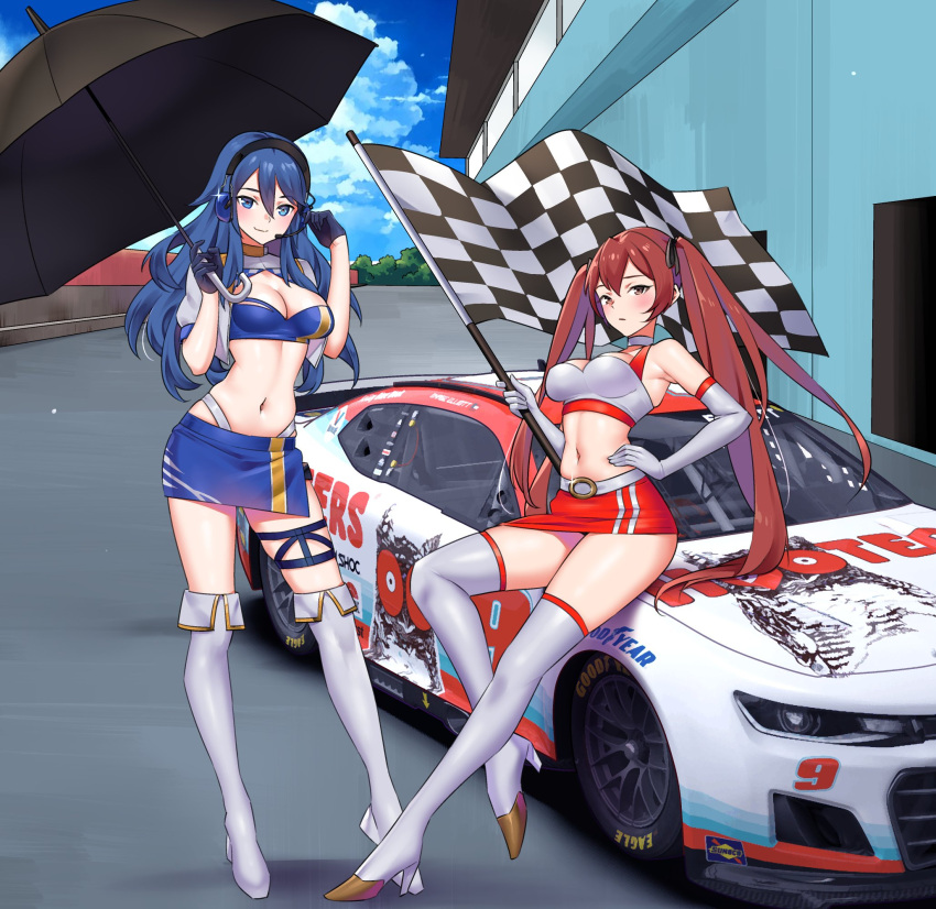 2girls blue_eyes blue_hair boots breasts car checkered_flag cleavage commission cropped_jacket elbow_gloves fire_emblem fire_emblem_awakening flag gloves headset highres holding holding_flag hooters igni_tion long_hair looking_at_viewer lucina_(fire_emblem) motor_vehicle multiple_girls multiple_straps nascar nintendo parasol race_queen race_vehicle racecar racetrack red_eyes red_hair severa_(fire_emblem) sitting_on_car skirt thighhighs umbrella