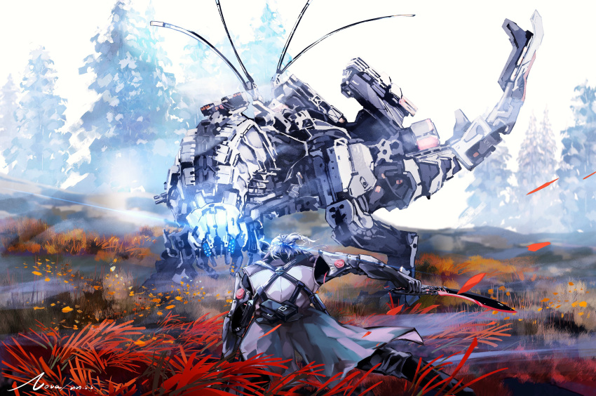 1boy black_coat blue_eyes blurry blurry_background chest_harness coat commentary crossover english_commentary extra_eyes faceoff fighting_stance glowing glowing_eyes grasslands grey_hair half_updo harness highres holding holding_weapon horizon_zero_dawn hunting knife_sheath machete male_focus mechanical_arms mechanical_parts medium_hair missile_pod nnnnnova non-humanoid_robot on_grass pine_tree procreate_(medium) punishing:_gray_raven radio_antenna robot robot_animal sheath thunderjaw_(horizon) tree watanabe:_nightblade_(punishing:_gray_raven) watanabe_(punishing:_gray_raven) weapon