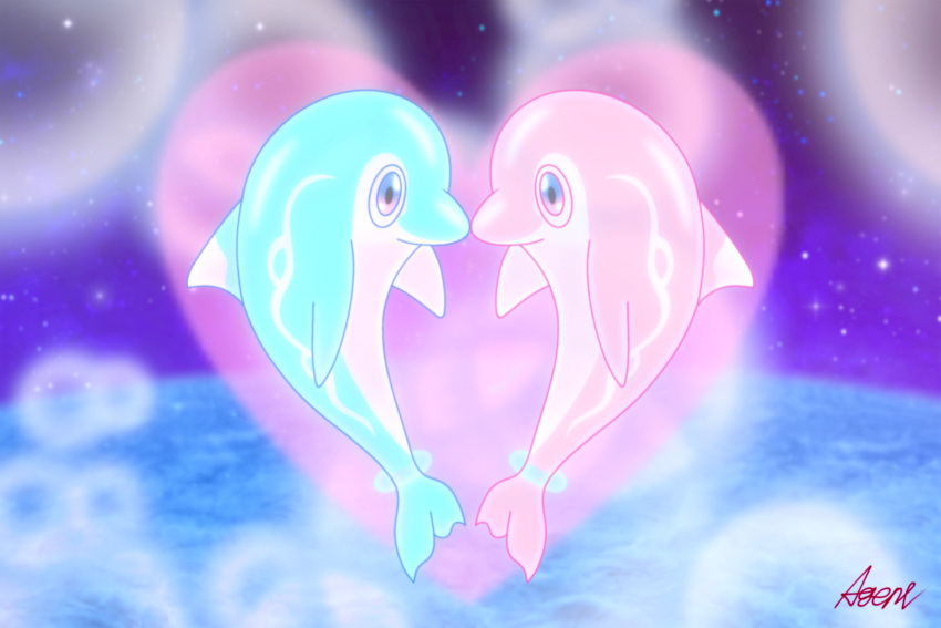 &lt;3 2023 3:2 abstract_background agent_0730 ambiguous_gender blue_body blue_eyes countershade_torso countershading digital_media_(artwork) dorsal_fin duo feral fin finizen generation_9_pokemon hi_res marine markings multicolored_body nintendo nude pink_body pokemon pokemon_(species) shaded signature snout soft_shading tail