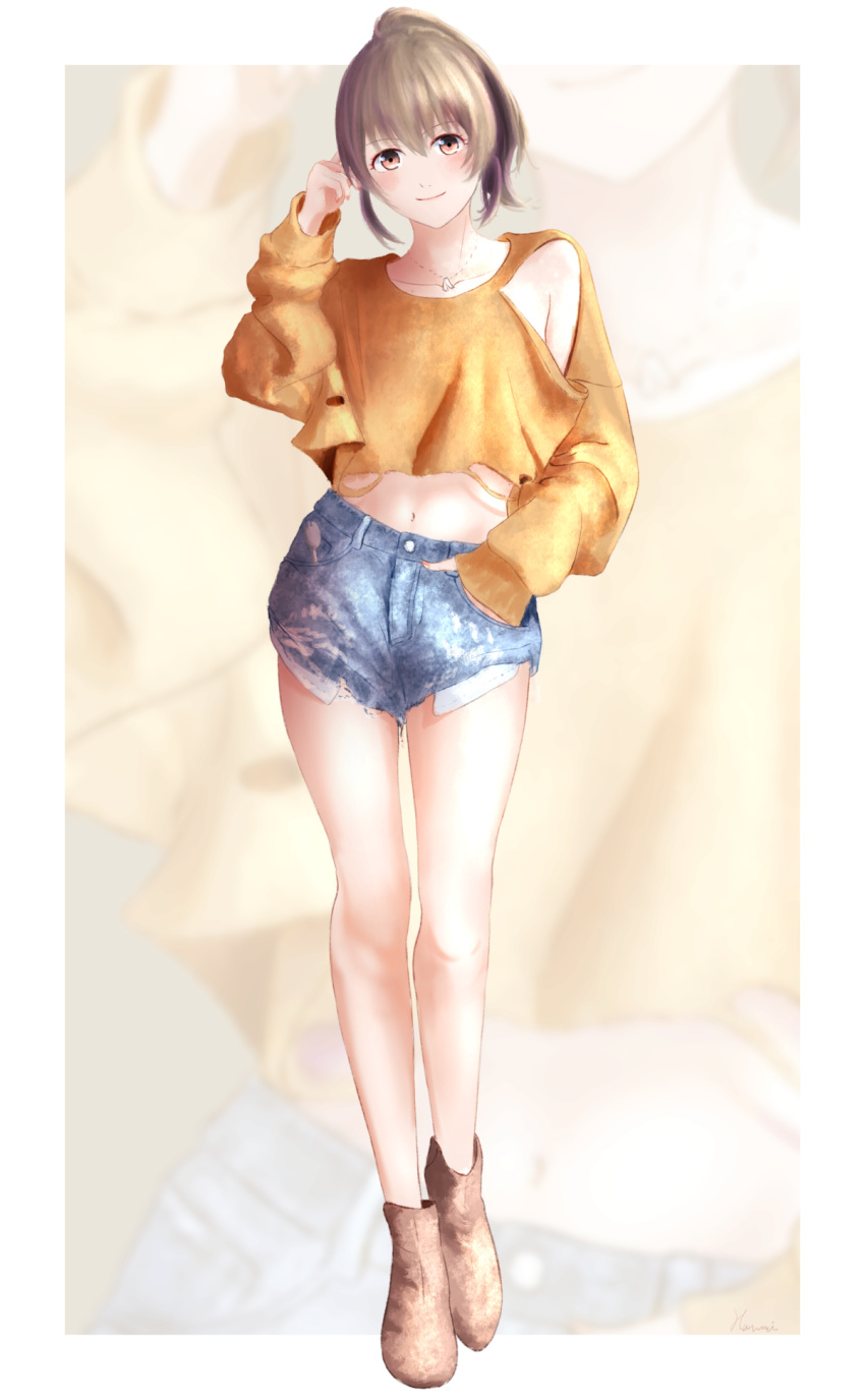 1girl alternate_costume armpit_crease armpit_cutout bare_legs blush brown_hair brown_shirt casual clothing_cutout collarbone cropped_shirt denim denim_shorts fingernails full_body hand_in_pocket highres hori_yuko idolmaster idolmaster_cinderella_girls light_smile looking_at_viewer midriff nail_polish navel ponytail shibuya_harumi shirt short_shorts shorts solo stomach zoom_layer