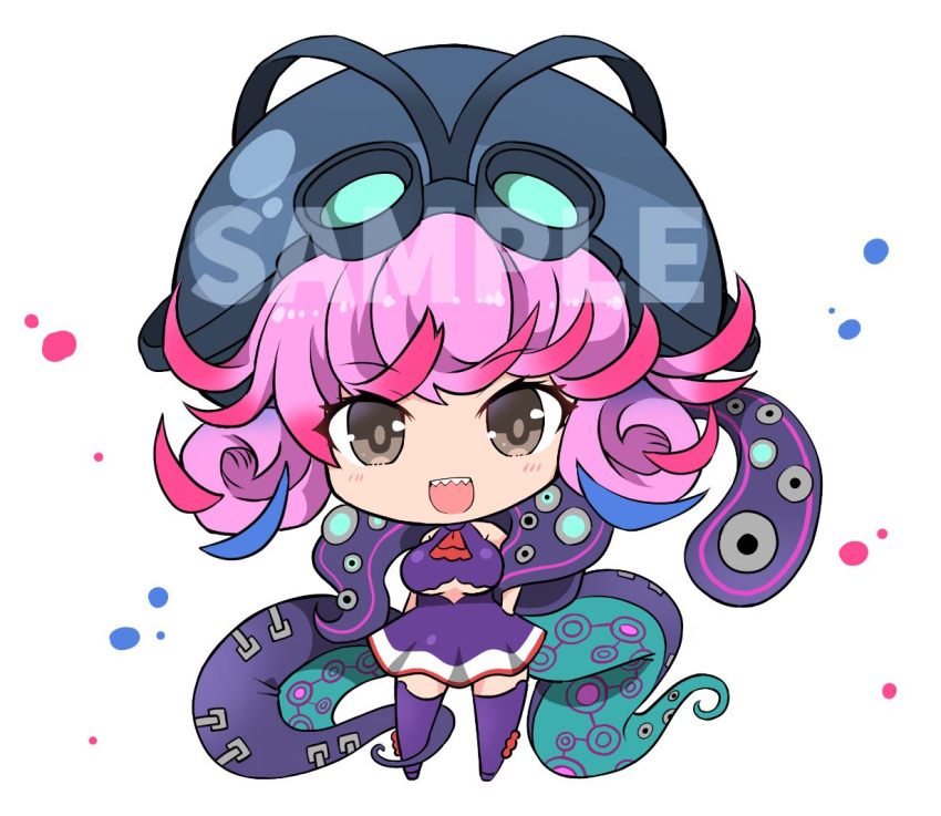 1girl 404_game_re:set :d ascot bare_shoulders black_headwear blush breasts brown_eyes character_request chibi commentary_request darius_(series) dress full_body goggles goggles_on_headwear gradient_hair helmet large_breasts looking_at_viewer multicolored_hair noai_nioshi pink_hair purple_dress purple_footwear purple_hair purple_thighhighs red_ascot sample_watermark sharp_teeth shoes simple_background sleeveless sleeveless_dress smile solo teeth tentacles thighhighs white_background