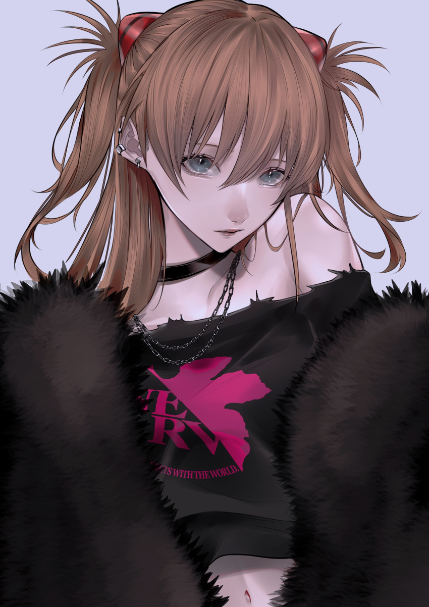 1girl absurdres alternate_costume black_choker black_jacket black_shirt breasts choker closed_mouth commentary cropped_shirt ear_piercing earrings fur_jacket grey_background grey_eyes hair_between_eyes highres interface_headset jacket jewelry looking_at_viewer mano_aaa navel necklace neon_genesis_evangelion nerv off-shoulder_shirt off_shoulder open_clothes open_jacket orange_hair piercing print_shirt shirt simple_background single_bare_shoulder small_breasts solo souryuu_asuka_langley two_side_up upper_body