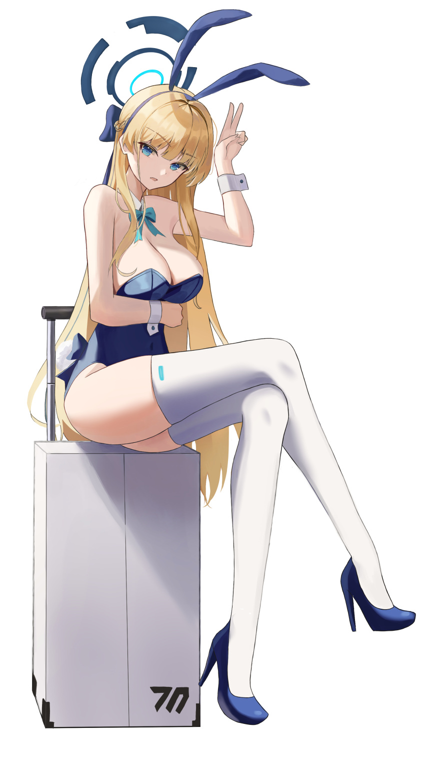 1girl absurdres animal_ears ass blonde_hair blue_archive blue_bow blue_bowtie blue_eyes blue_footwear blue_hair blue_leotard bow bowtie braid breasts cleavage detached_collar fake_animal_ears full_body high_heels highres large_breasts leotard long_hair looking_at_viewer midang multicolored_hair official_alternate_costume rabbit_ears simple_background sitting solo strapless strapless_leotard streaked_hair thighhighs toki_(blue_archive) toki_(bunny)_(blue_archive) white_background white_thighhighs