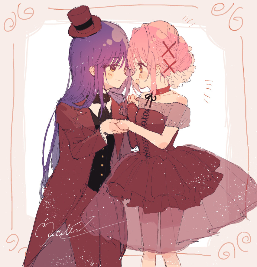 1boy 1girl absurdres black_vest blush brown_eyes closed_mouth coat collared_shirt dress formal fujisaki_nagihiko hat hetero highres hinamori_amu long_hair looking_at_another mini_hat mini_top_hat mutsuki_(fujisakike) open_mouth panties pink_hair purple_hair red_coat red_dress red_headwear red_panties shirt shugo_chara! tailcoat top_hat underwear updo vest white_background white_shirt