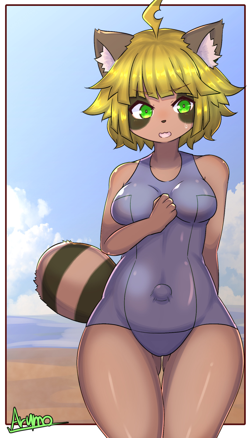 alternate_version_at_source anthro arumo blonde_hair blue_clothing blue_sky blue_swimwear bodily_fluids brown_body brown_fur butt_from_the_front canid canine clothing ear_tuft eyebrow_through_hair eyebrows female front_view fur glistening glistening_hair green_eyes hair hi_res inner_ear_fluff mammal navel one-piece_swimsuit open_mouth outie outie_navel outside pink_tongue portrait raccoon_dog sky solo sweat sweatdrop swimwear tanuki three-quarter_portrait tongue translucent translucent_hair tuft wide_hips