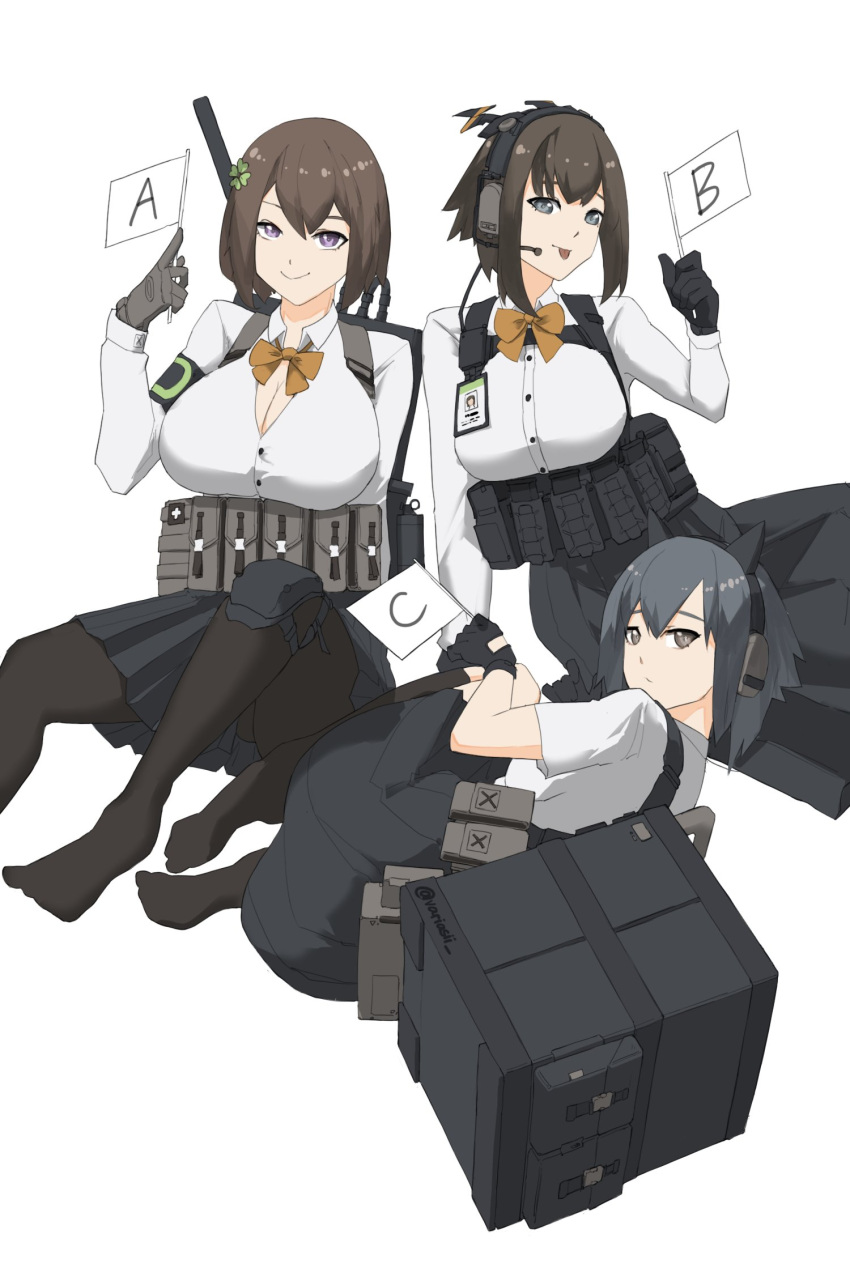 3girls ammunition_pouch black_gloves bow bowtie breasts brown_hair cleavage collared_shirt commentary english_commentary girls'_frontline gloves grey_eyes hair_ornament headset highres holding huge_breasts id_card large_breasts looking_at_viewer mk_47_(girls'_frontline) multiple_girls no_shoes pantyhose pleated_skirt pouch shirt short_hair simple_background skirt smile tongue tongue_out variasii white_background white_shirt