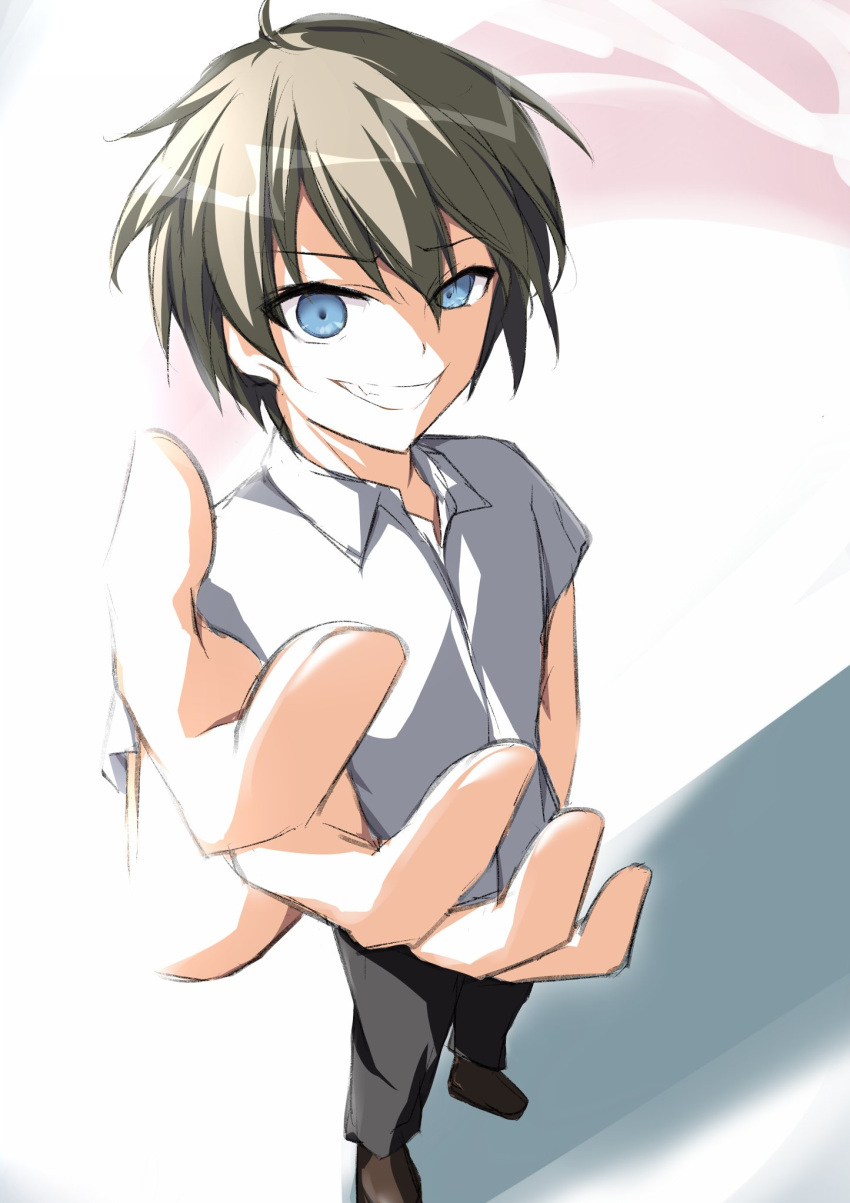 1boy asagi_nanami black_pants blue_eyes brown_footwear brown_hair commentary_request crazy crazy_eyes crazy_smile dress_shirt evil_grin evil_smile eyelashes foreshortening from_above full_body grin highres looking_at_viewer mamiya_takuji open_hand outstretched_arm pants reaching reaching_towards_viewer shirt short_hair short_sleeves sidelighting simple_background smile solo spiked_hair standing subarashiki_hibi v-shaped_eyebrows white_background white_shirt