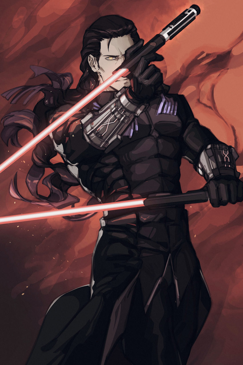 1boy absurdres black_gloves black_hair closed_mouth dual_wielding energy_sword fate/grand_order fate_(series) gloves glowing glowing_eyes glowing_sword glowing_weapon highres holding holding_sword holding_weapon lightsaber long_hair looking_at_viewer male_focus nikola_tesla_(fate) sith solo star_wars sword viscontiapclyps weapon yellow_eyes