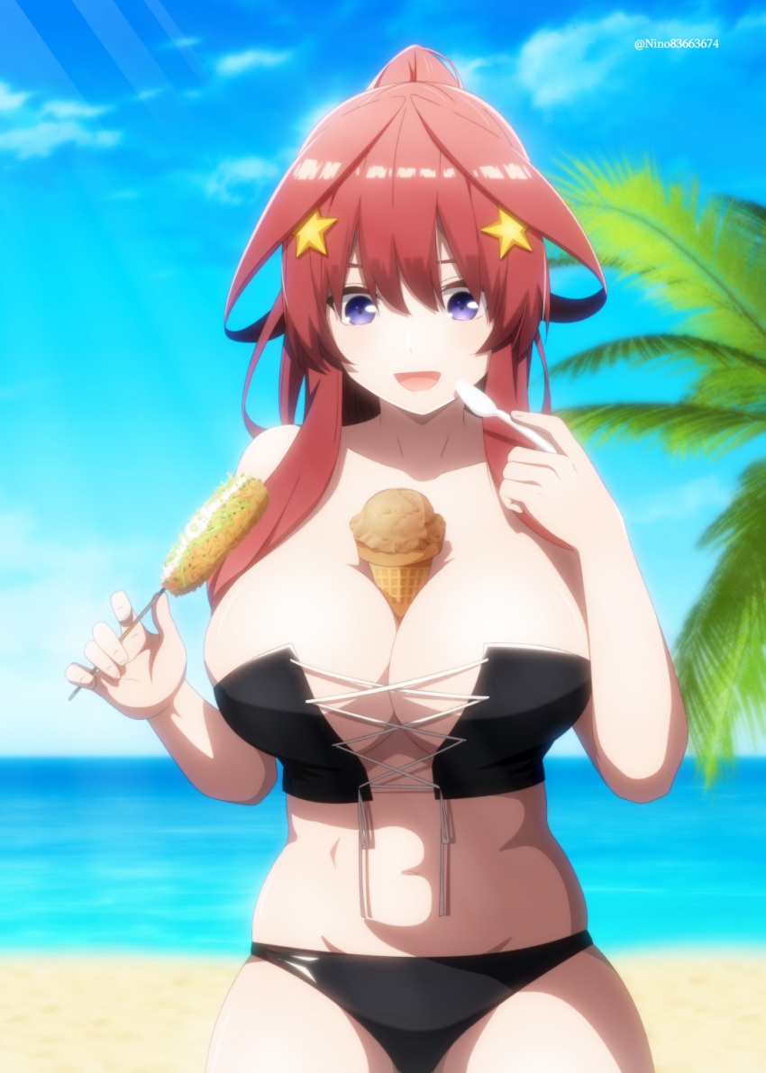 1girl asobi_night beach between_breasts bikini black_bikini breasts cross-laced_bikini cross-laced_clothes day food go-toubun_no_hanayome high_ponytail highres holding holding_food holding_spoon ice_cream_cone large_breasts long_hair nakano_itsuki outdoors palm_tree purple_eyes red_hair solo spoon summer swimsuit tree water