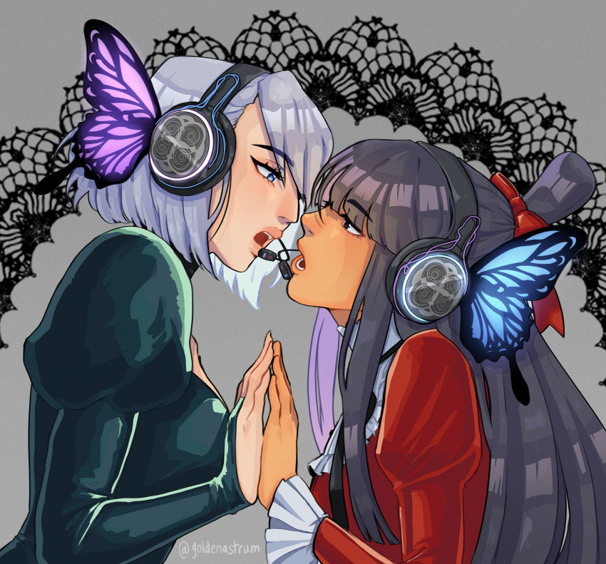 2girls absurdres ace_attorney black_eyes blue_eyes bug butterfly butterfly_hair_ornament butterfly_wings commentary english_commentary eye_contact face-to-face franziska_von_karma goldenastrum hair_ornament headphones highres holding_hands long_hair looking_at_another magnet_(vocaloid) maya_fey microphone multiple_girls open_mouth scene_reference short_hair sidelocks signature vocaloid wings yuri