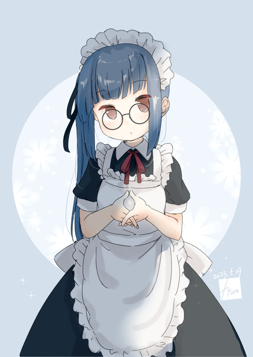 1girl absurdres alternate_costume apron bespectacled black_dress brown_eyes cowboy_shot dress enmaided frilled_apron frills fyuo glasses grey_hair highres kantai_collection kasumi_(kancolle) long_hair looking_at_viewer maid maid_headdress neck_ribbon red_ribbon ribbon side_ponytail solo white_apron