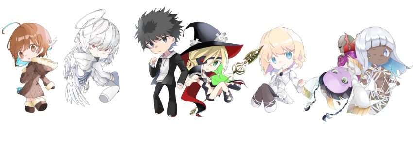 3boys 5girls accelerator_(toaru_majutsu_no_index) angel_wings bandages black_eyes black_footwear black_hair black_jacket black_pants black_pantyhose blonde_hair blue_eyes brown_coat brown_eyes brown_hair chibi coat colored_inner_hair colored_skin dark-skinned_female dark_skin dress eyepatch feathered_wings fur_trim green_eyes green_hair gungnir_(toaru) guuqualia halo hat high_priest_(toaru_majutsu_no_index) highres hood hood_down jacket jiangshi kamijou_touma last_order_(toaru_majutsu_no_index) leivinia_birdway looking_at_viewer multicolored_hair multiple_boys multiple_girls mummy naked_bandage nephtys niang-niang othinus pants pantyhose purple_skin red_eyes revealing_clothes shirt teardrop_facial_mark toaru_majutsu_no_index undead very_long_sleeves white_dress white_footwear white_hair white_jacket white_pants white_shirt white_wings wide_shot wings witch_hat