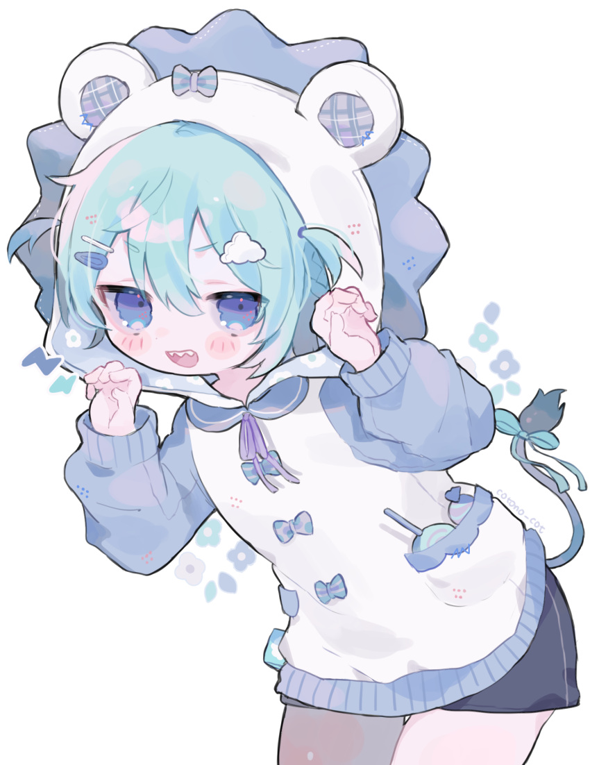 1girl animal_ears animal_hood aqua_hair artist_name blue_eyes blush blush_stickers bow candy claw_pose cloud_hair_ornament commentary cotono_(nazekun) cowboy_shot fake_animal_ears floral_print flower_(symbol) food gao hair_between_eyes hair_ornament hairclip half-closed_eyes hands_up highres hood hood_up hoodie jitome leaning_forward lightning_bolt_symbol lion_hood lion_tail lollipop long_sleeves looking_at_viewer neck_ribbon open_mouth original pastel_colors pocket ribbon sharp_teeth sidelocks simple_background smile solo spoken_lightning_bolt standing swirl_lollipop tail tail_ornament tail_ribbon teeth upper_teeth_only white_background