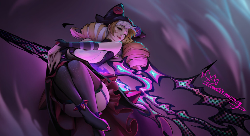 1girl animal_ears artist_name black_dress black_hood black_thighhighs brown_hair buttons dress drill_hair fake_animal_ears garter_straps gwen_(league_of_legends) heterochromia highres holding holding_scissors hood hood_up ladyofmorh league_of_legends looking_to_the_side lying on_back scissors shoes smile solo soul_fighter_gwen thighhighs twin_drills twintails white_hair