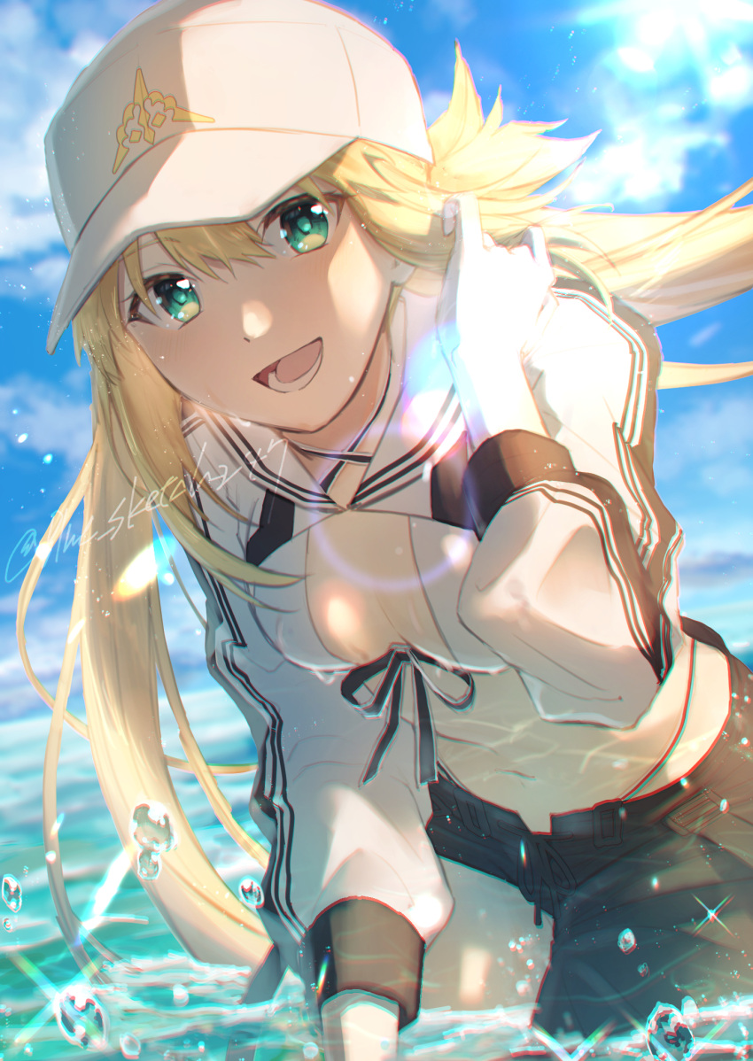 1girl artoria_caster_(fate) artoria_caster_(swimsuit)_(fate) artoria_pendragon_(fate) asymmetrical_clothes baseball_cap bikini black_pants blonde_hair blue_sketch247 blue_sky blush breasts cropped_jacket fate/grand_order fate_(series) green_eyes hat highres jacket long_hair long_sleeves looking_at_viewer navel ocean open_mouth pants shrug_(clothing) single_pantsleg sky small_breasts smile solo swimsuit thighs twintails white_bikini white_headwear white_jacket