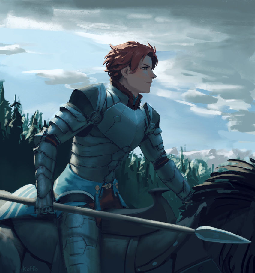 1boy absurdres armor artist_name blue_sky cloud cloudy_sky commentary english_commentary fire_emblem fire_emblem:_three_houses from_side gauntlets highres holding holding_polearm holding_weapon horse horseback_riding koffo-art male_focus polearm profile red_hair riding saddle sky smile solo spear sylvain_jose_gautier tree weapon