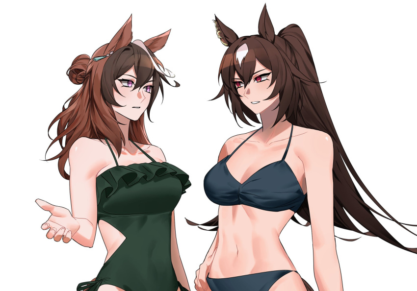 2girls animal_ears arm_at_side bare_shoulders bikini black_bikini breasts brown_hair collarbone covered_navel frilled_one-piece_swimsuit frills green_one-piece_swimsuit hair_bun halterneck hand_on_own_hip hand_up highres horse_ears horse_girl horse_tail long_hair looking_at_another medium_breasts multicolored_hair multiple_girls navel one-piece_swimsuit open_mouth parted_lips ponytail purple_eyes red_eyes sirius_symboli_(umamusume) streaked_hair swimsuit symboli_rudolf_(umamusume) tail ukka_(0ukka_) umamusume upper_body