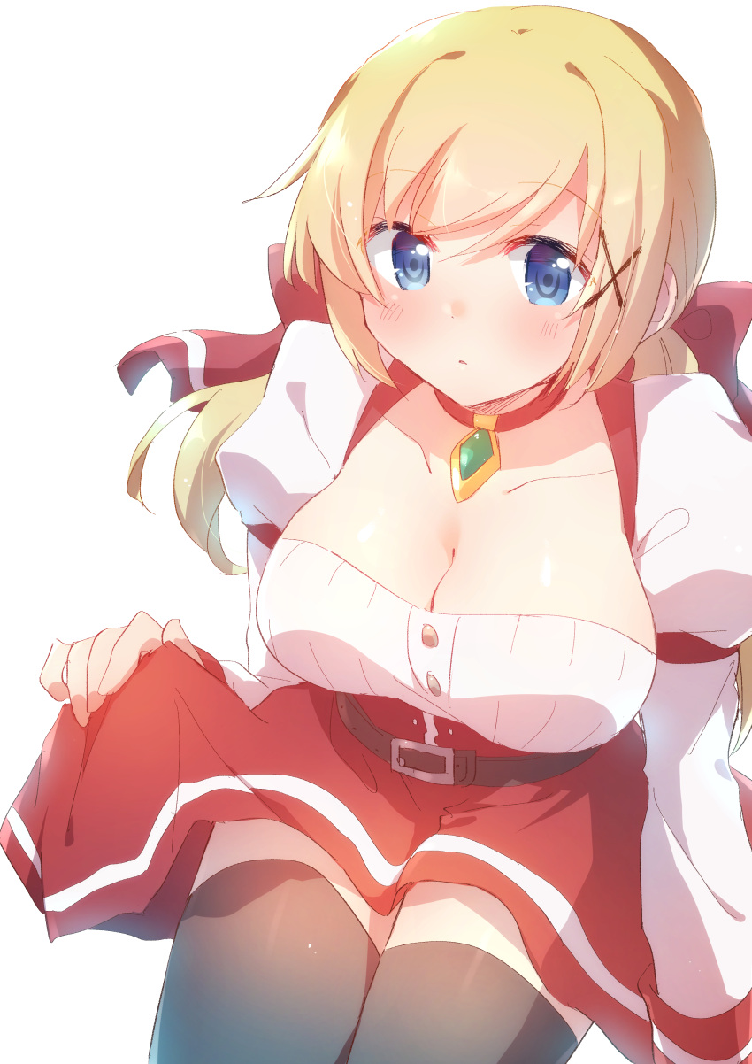 1girl absurdres arm_at_side belt black_thighhighs blonde_hair blue_eyes blush breasts brown_belt buttons choker cleavage clothes_lift collarbone cowboy_shot dress dress_lift expressionless hair_ornament hairclip hand_up highres jewelry large_breasts lifted_by_self long_hair long_sleeves looking_at_viewer nyaa_(nnekoron) parted_lips pendant puffy_sleeves red_choker ribbed_dress simple_background solo swept_bangs thighhighs twintails two-tone_dress white_background x_hair_ornament yuna_yunis yuusha_ga_shinda! zettai_ryouiki