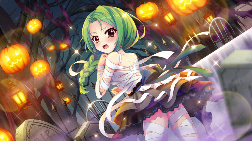 1girl ass_peek bandages black_skirt braid breasts candelabra candle candlestand chair dot_nose dutch_angle embarrassed fence film_grain forehead from_behind game_cg green_hair halloween_costume iron_fence izumi_tsubasu jack-o'-lantern lantern lens_flare long_braid long_hair looking_at_viewer looking_back medium_breasts mummy_costume night night_sky non-web_source official_art open_mouth outdoors re:stage! shirokita_kuroha shoulder_blades single_braid skirt sky solo sparkle table tombstone tree yellow_eyes