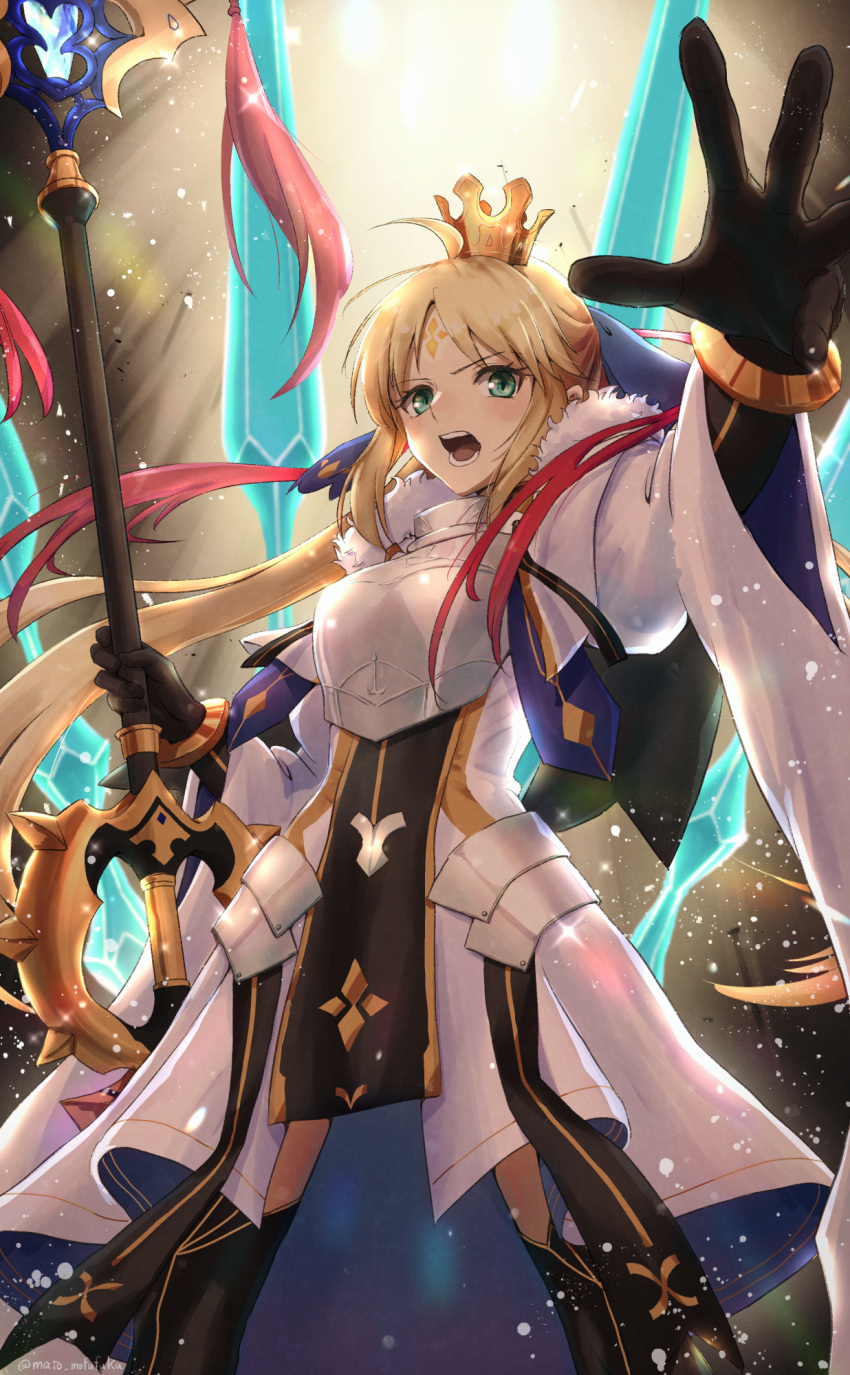 armor armored_dress artoria_caster_(fate) artoria_caster_(third_ascension)_(fate) artoria_pendragon_(fate) black_footwear black_ribbon blush bracelet breasts crown dress elbow_gloves fate/grand_order fate_(series) fur_trim gloves gold_trim green_eyes hair_between_eyes highres holding jewelry mato. open_mouth ornament ribbon shine small_breasts teeth uvula white_dress white_fur