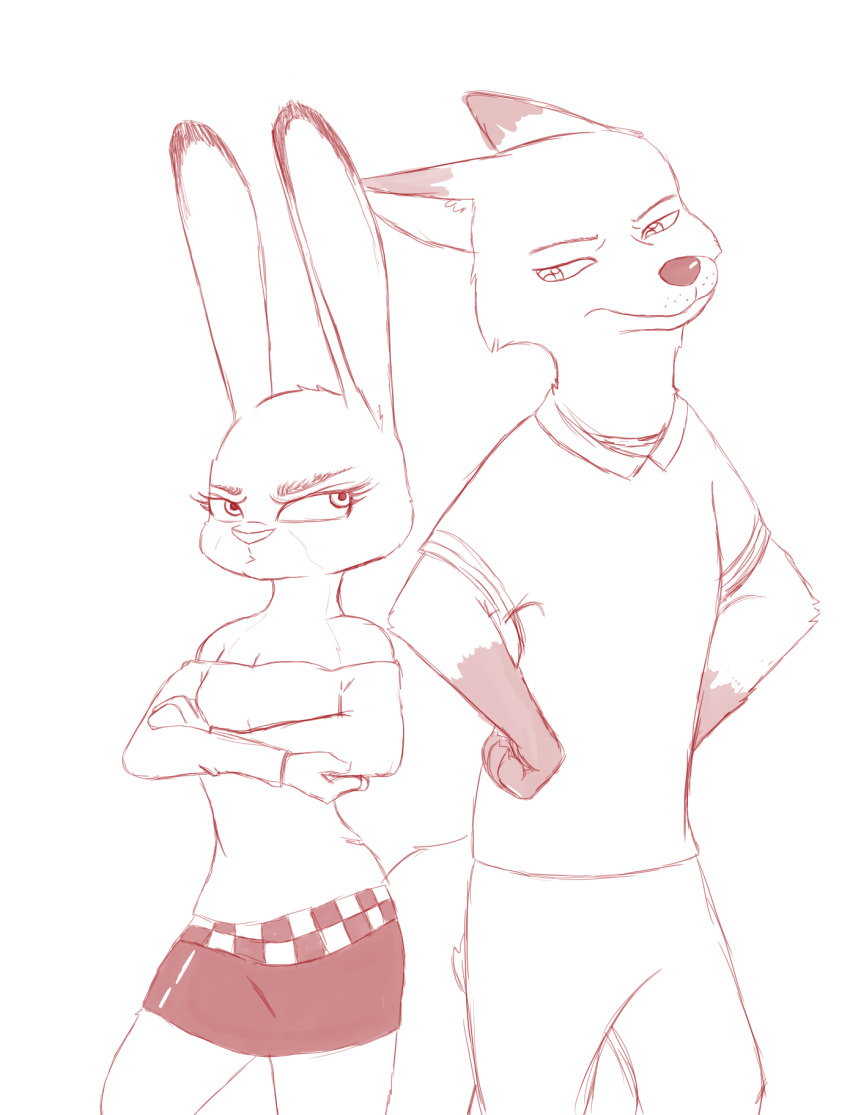 anthro bottomwear breasts canid canine clothing crossed_arms disney duo ears_up female fox frown_eyebrows hi_res judy_hopps lagomorph leporid line_art looking_at_another male male/female mammal nick_wilde rabbit simple_background skirt spoof_(artist) standing white_background zootopia