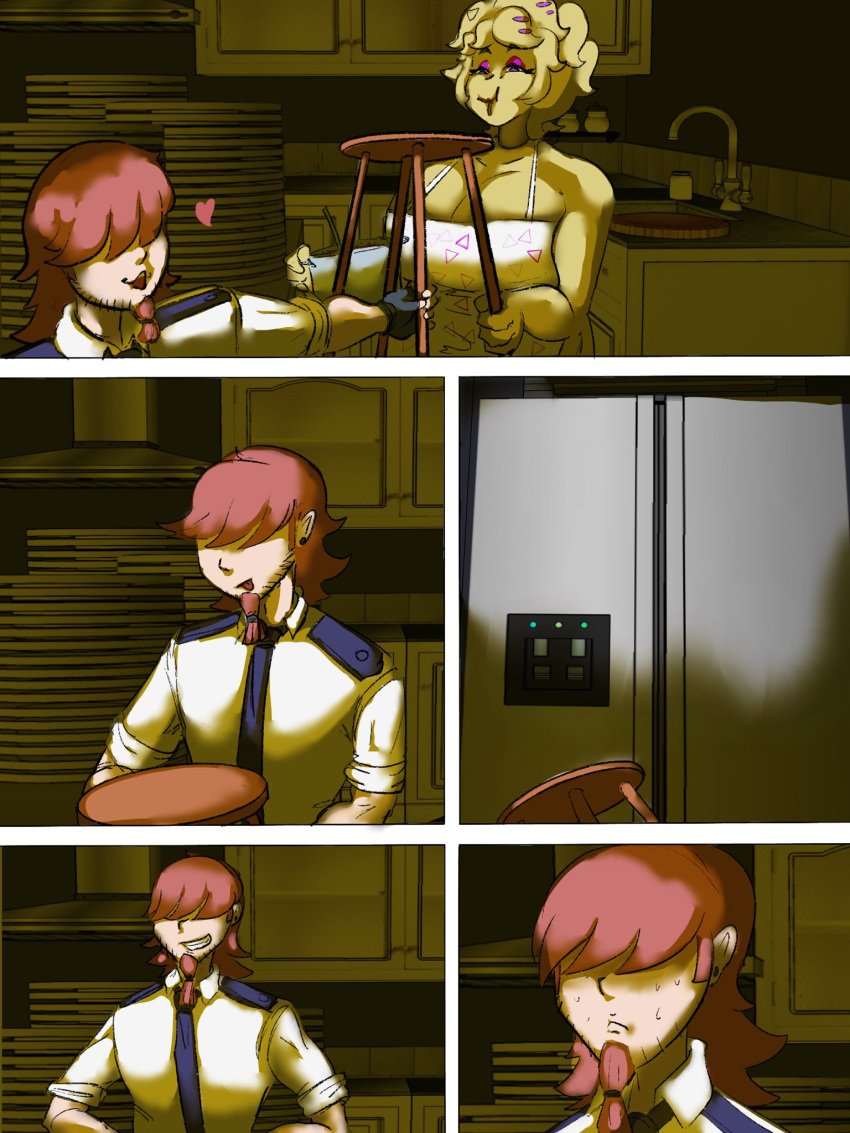 &lt;3 anthro appliance apron beard big_breasts blonde_hair bodily_fluids breasts brown_hair chair chica_(cally3d) chica_(fnaf) cleavage clothed clothing comic duo eyeshadow faceless_character faceless_male facial_hair female five_nights_at_freddy's fridge fur furniture gryvvath hair hi_res human kitchen kitchen_appliance makeup male mammal plate realization scottgames sink smile sweat yellow_body yellow_fur