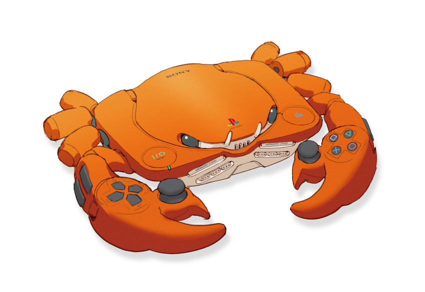 absurdres anh_dang commentary controller crab dualshock english_commentary game_console game_controller gamepad highres joystick no_humans playstation_1 playstation_controller playstation_symbols simple_background sony variant_set white_background