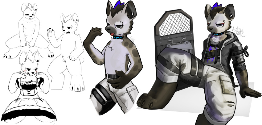 2023 absurd_res ankorthewolf anthro arknights black_hair blue_hair clothing collar ear_piercing eyebrow_piercing facial_piercing featureless_crotch fur grey_body grey_fur hair hi_res hyena hypergryph jacket looking_at_viewer maid_uniform male mammal multicolored_body multicolored_fur multicolored_hair multiple_poses piercing pose riot_shield shirt sitting sketch solo spot_(arknights) spots spotted_body spotted_fur spotted_hyena studio_montagne t-shirt tongue tongue_out topwear two_tone_hair uniform