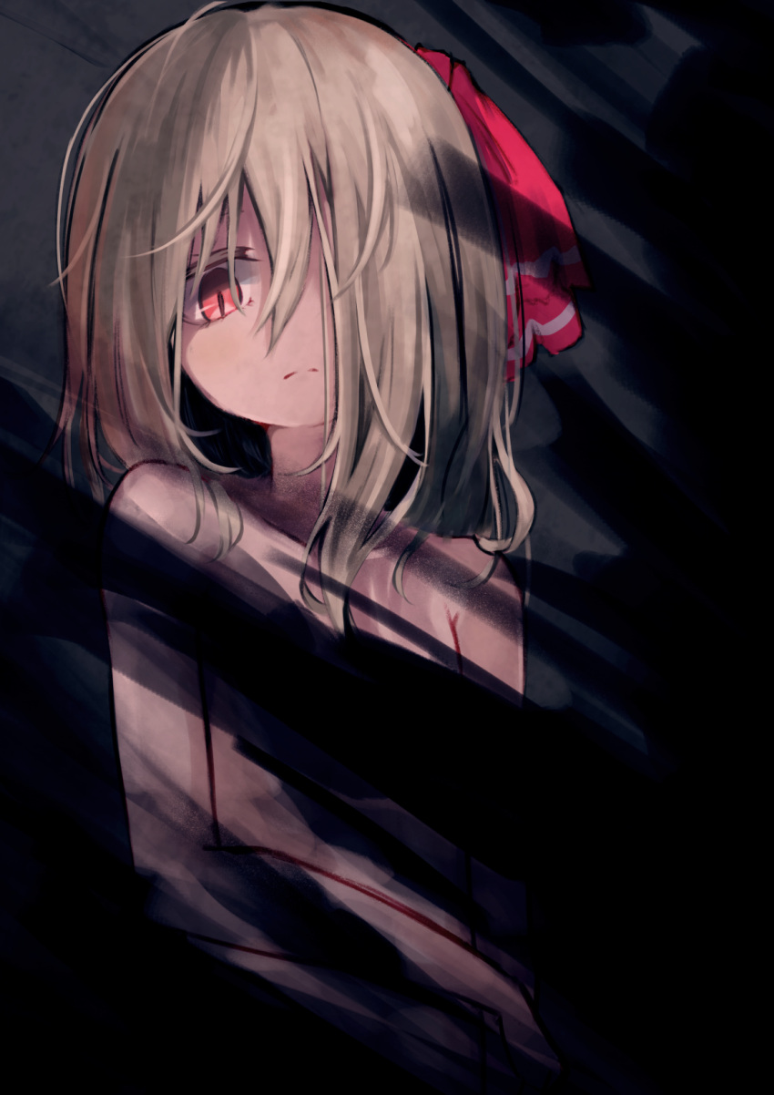 1girl blonde_hair closed_mouth completely_nude darkness flat_chest hair_over_one_eye hair_ribbon highres lit_ter looking_at_viewer medium_hair nude red_eyes red_ribbon ribbon rumia solo touhou upper_body