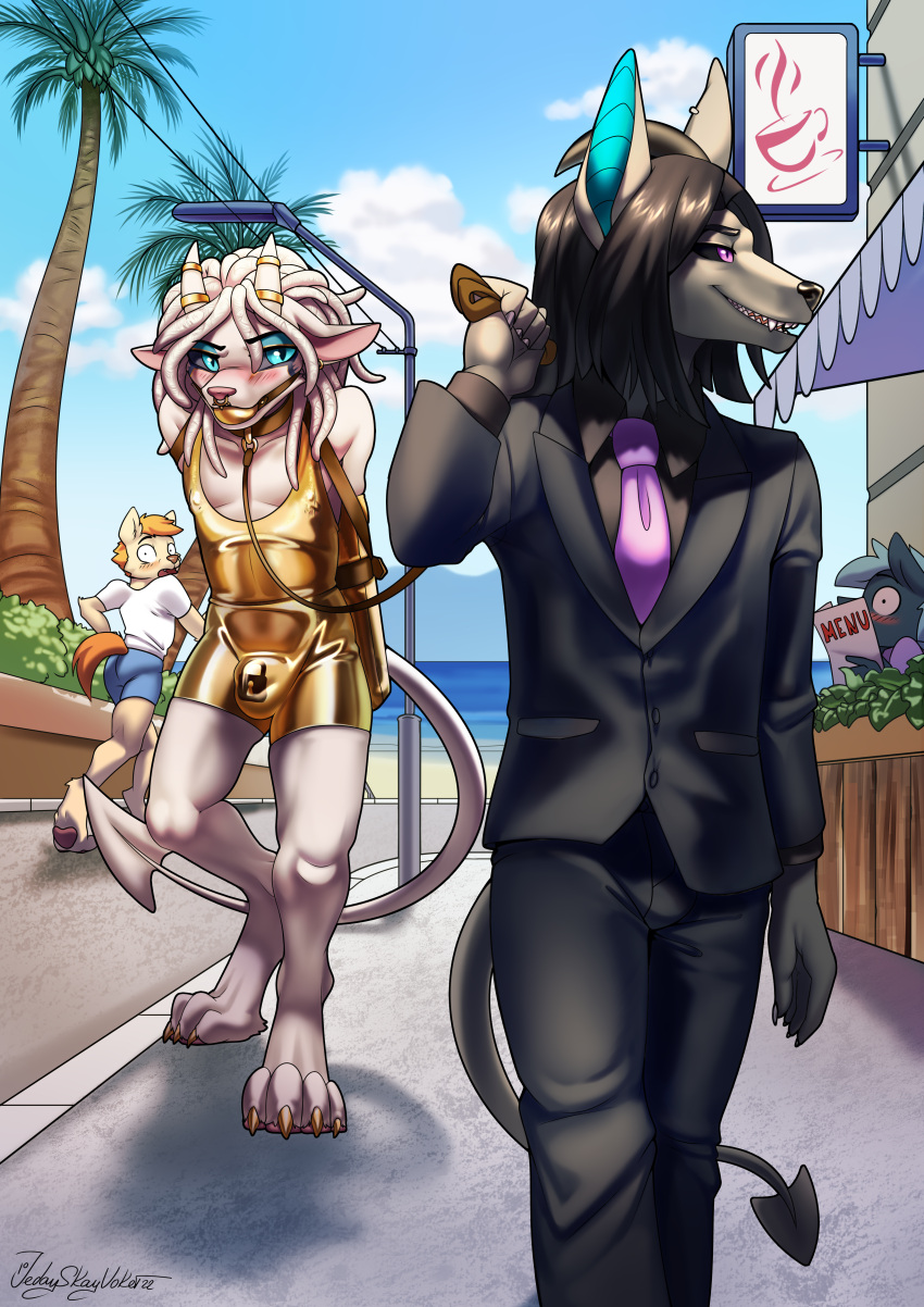 2023 absurd_res anthro ball_gag biped black_nose black_sclera blue_eyes blue_inner_ear blush bottomwear canid canid_demon claws clothed clothing demon detailed_background dreadlocks duo_focus ear_piercing english_text facial_piercing fangs gag group hellhound hi_res horn horn_jewelry horn_ring jedayskayvoker leash male mammal necktie nose_piercing nose_ring null_bulge outside paws piercing public public_humiliation pupils purple_eyes ring_(jewelry) ring_piercing shirt shorts shy signature slit_pupils spade_tail suit tail teeth text topwear trio walking