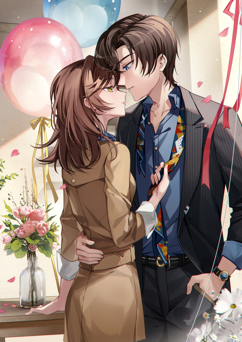 1boy 1girl absurdres artem_wing_(tears_of_themis) balloon belt black_jacket black_pants blue_eyes blue_shirt brown_coat brown_hair coat collared_shirt flower green_eyes hand_in_pocket highres holding_necktie imminent_kiss indoors jacket long_hair long_sleeves looking_at_another nauxii pants pink_flower pink_rose rosa_(tears_of_themis) rose shirt short_hair striped table tears_of_themis vase vertical_stripes watch white_flower wristwatch