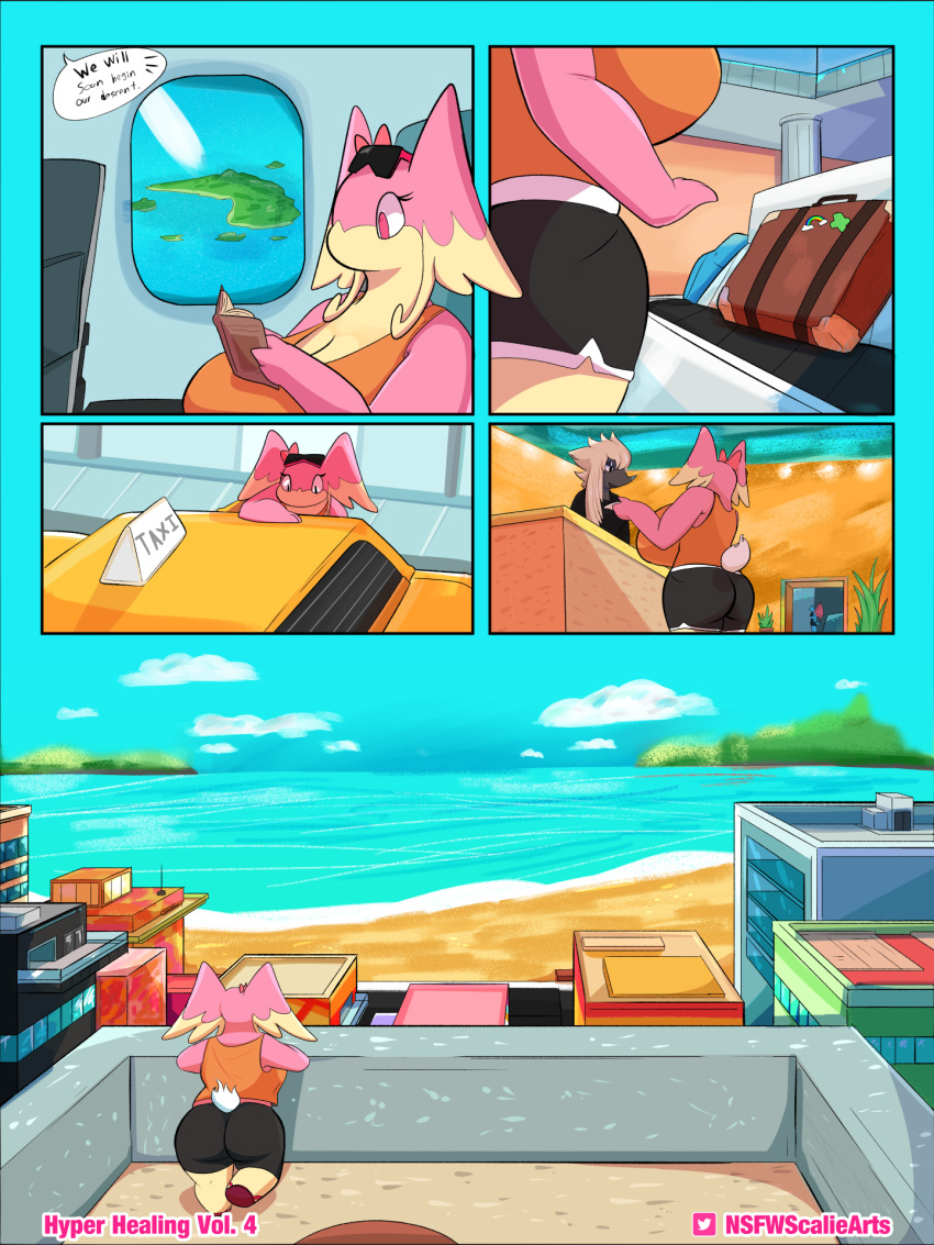 anthro audino big_breasts bottomwear breasts clothed clothing comic digital_media_(artwork) female feral generation_5_pokemon goopyarts hi_res huge_breasts hyper hyper_breasts nintendo pink_body pokemon pokemon_(species) raina_(goopyarts) simple_background slightly_chubby solo text thick_thighs topwear wide_hips