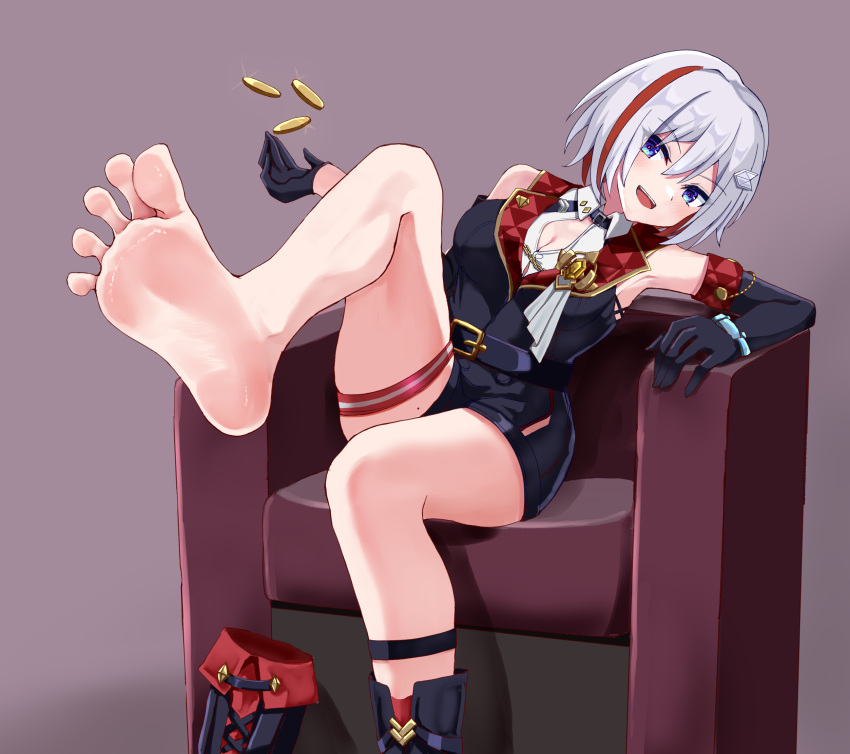 1girl :d asymmetrical_gloves barefoot belt black_belt blue_eyes boots breasts cleavage coin collared_shirt couch elbow_gloves eyelashes feet fingerless_gloves foot_focus foreshortening gloves gold_coin gold_trim grey_hair hair_between_eyes hair_ornament highres honkai:_star_rail honkai_(series) iberiko_(soinesitai) large_breasts leaning_to_the_side legs looking_at_viewer multicolored_hair on_couch open_mouth purple_background red_hair shadow shirt short_shorts shorts sidelocks single_bare_leg single_boot sitting sleeveless sleeveless_shirt smile soles solo spread_toes streaked_hair teeth thigh_strap toes topaz_(honkai:_star_rail) unworn_boots upper_teeth_only