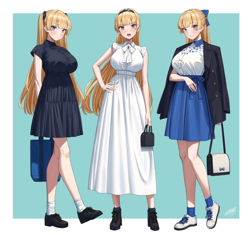 alternate_costume bag bare_arms black_dress blazer blonde_hair blue_eyes blunt_bangs blush breasts collared_dress collared_shirt contrapposto dress floral_print full_body grin hairband handbag head_tilt high_tops highres jacket jacket_on_shoulders large_breasts lina_(michihasu) long_dress long_hair looking_at_viewer michihasu multicolored_eyes multiple_views open_clothes open_jacket open_mouth original puckered_lips shirt shirt_tucked_in shoes short_dress short_sleeves simple_background smile sneakers socks standing standing_on_one_leg tented_shirt two_side_up white_dress