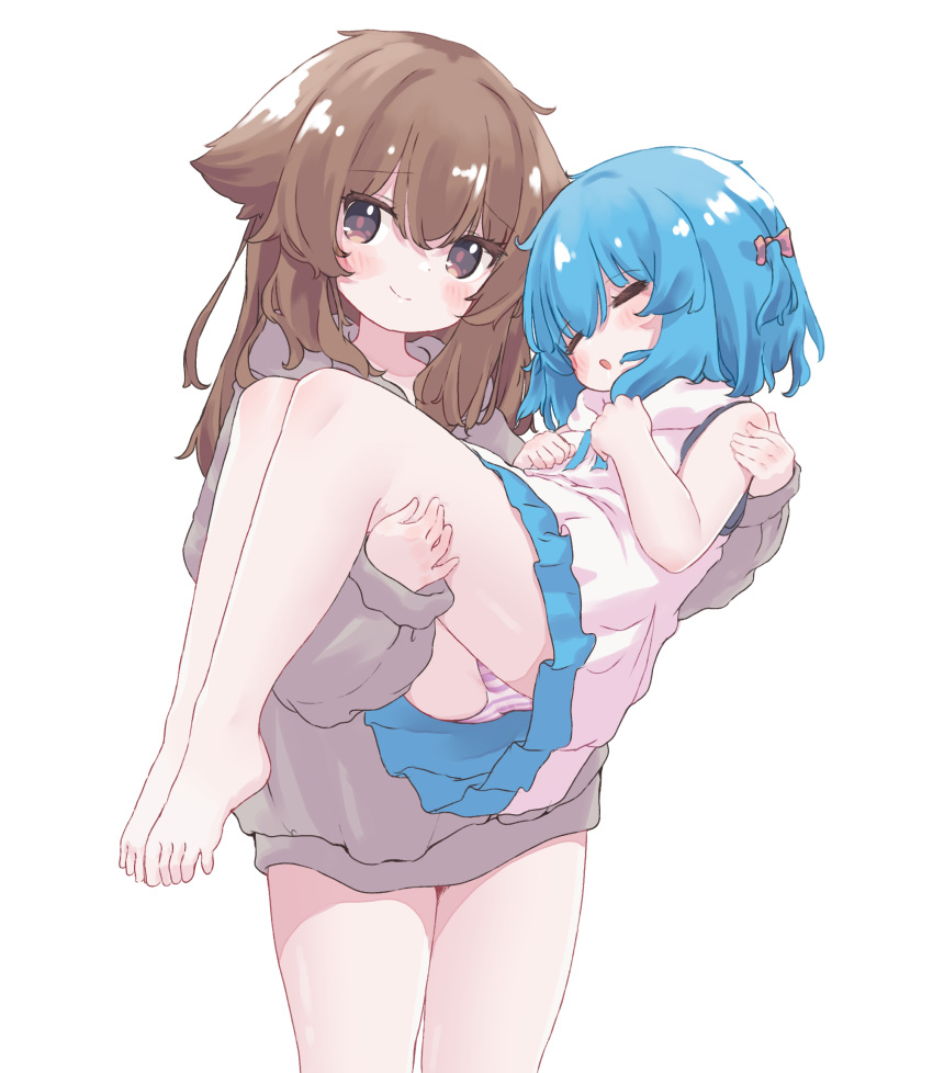 2girls :o aoi_tori bare_legs bare_shoulders barefoot blue_hair blue_skirt blush bow brown_eyes brown_hair camisole carrying closed_eyes closed_mouth cowboy_shot dot_nose grey_hoodie hair_between_eyes hair_bow highres hood hood_down hoodie long_bangs long_hair long_sleeves miniskirt multiple_girls no_pants open_mouth original panties pantyshot pleated_skirt princess_carry purple_panties sidelocks simple_background skirt sleeping sleeve_cuffs smile solo striped striped_panties thighs underwear white_background white_camisole