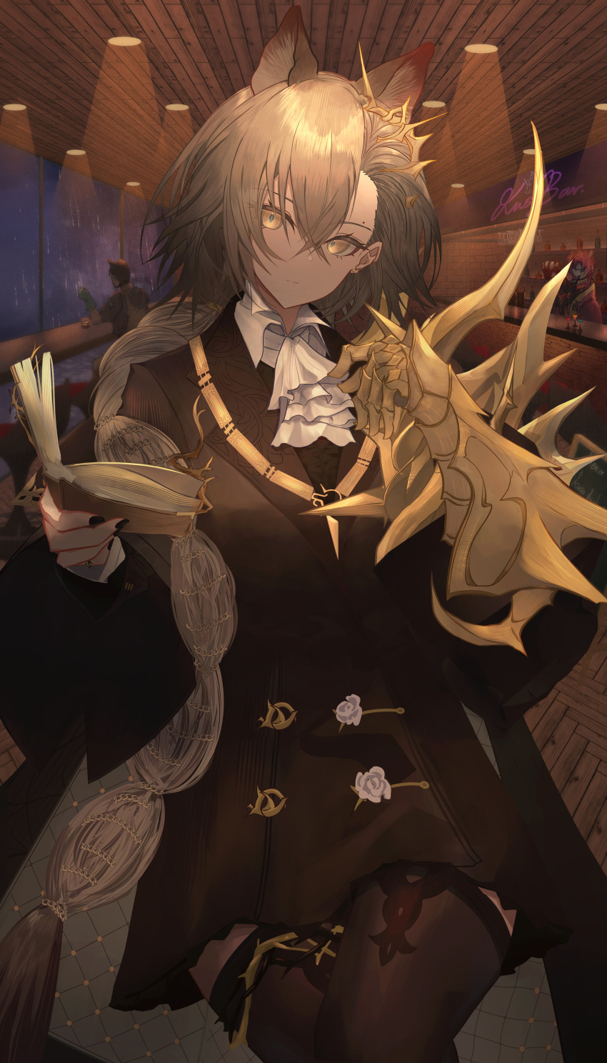 1girl absurdres animal_ears arknights ascot bar_(place) black_coat black_nails book braid brown_eyes brown_hair coat cocktail_glass cup drinking_glass gauntlets highres holding holding_book kira_guil long_hair mole_above_eye penance_(arknights) single_gauntlet thighhighs