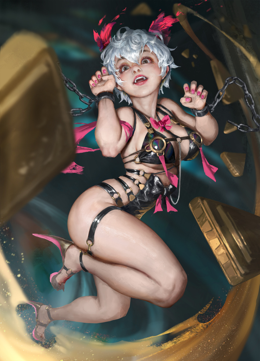 1girl absurdres animal_ears bow breasts broken broken_chain brown_eyes cat_ears chain cuffs fangs hair_between_eyes high_heels highres leather_bikini leather_strap legband medium_breasts nail_polish open_mouth original paw_pose pink_bow pink_ribbon restraints ribbon short_hair skindentation teeth thick_thighs thighs torn_ribbon vergilhoo white_hair
