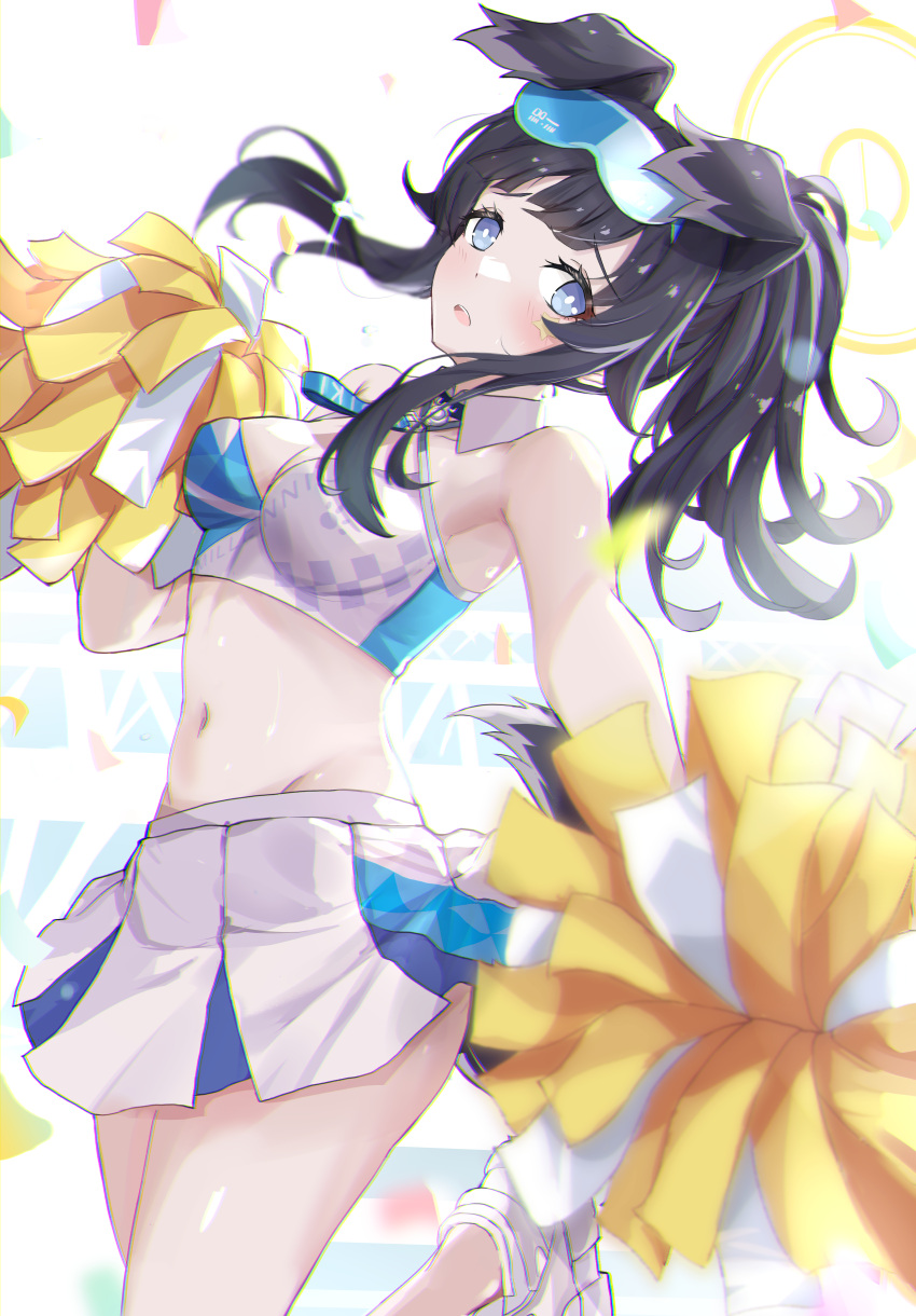 1girl absurdres aka_(440626) animal_ears bare_shoulders black_hair blue_archive blue_eyes blush breasts cheerleader cleavage collar commentary confetti criss-cross_halter crop_top detached_collar dog_ears dog_girl dog_tail goggles goggles_on_head halo halterneck hibiki_(blue_archive) hibiki_(cheerleader)_(blue_archive) highres holding holding_pom_poms leg_up long_hair looking_at_viewer millennium_cheerleader_outfit_(blue_archive) miniskirt navel official_alternate_costume open_mouth pleated_skirt pom_pom_(cheerleading) shoes skirt solo star_sticker sticker_on_face stomach tail white_collar white_footwear white_skirt yellow_halo