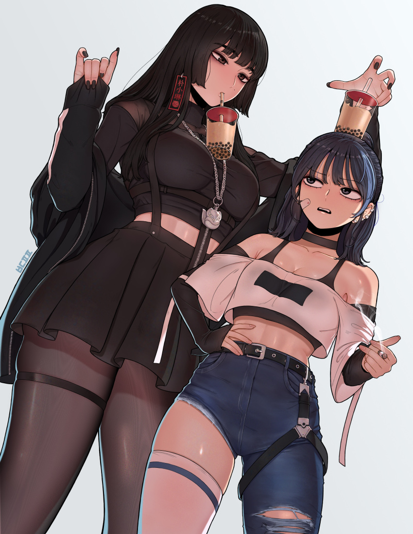 2girls absurdres angry asymmetrical_legwear bandaid bandaid_on_face bdpp beautiful_gunbari black_pantyhose breasts bubble_tea bubble_tea_challenge character_request cigarette crop_top cropped_shirt cup denim disposable_cup drink drinking drinking_straw drinking_straw_in_mouth earrings height_difference highres holding holding_cigarette jeans jewelry large_breasts medium_breasts multiple_girls object_on_breast object_on_head pants pantyhose single_thighhigh stud_earrings thighhighs