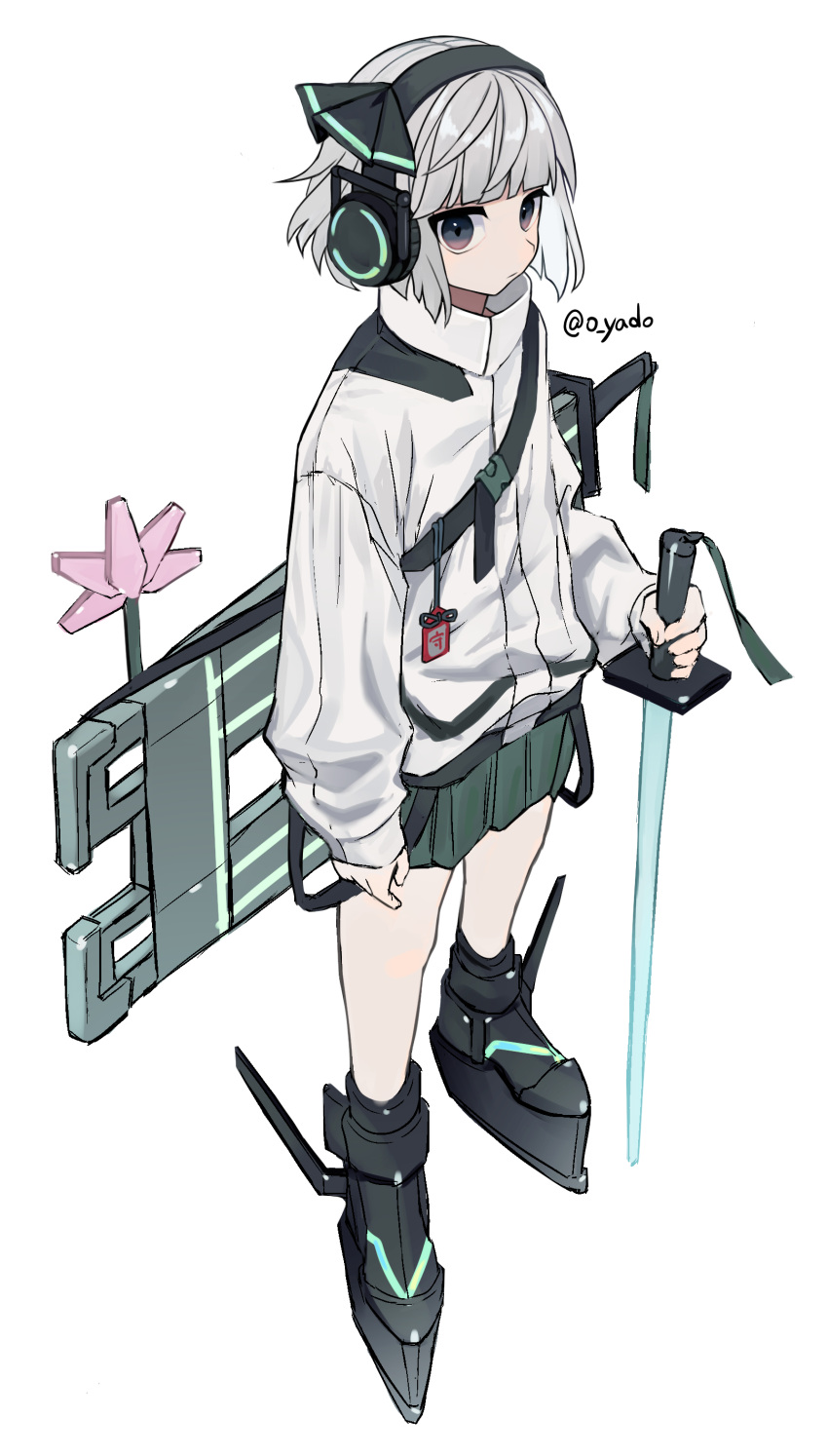 :| absurdres black_headband blue_eyes closed_mouth coat energy_sword green_skirt grey_coat headband headset highres holding holding_weapon konpaku_youmu konpaku_youmu_(lunar_war_gardener) long_sleeves mechanical_shoes sheath short_hair skirt sword touhou touhou_lost_word twitter_username weapon white_hair yadoyuki